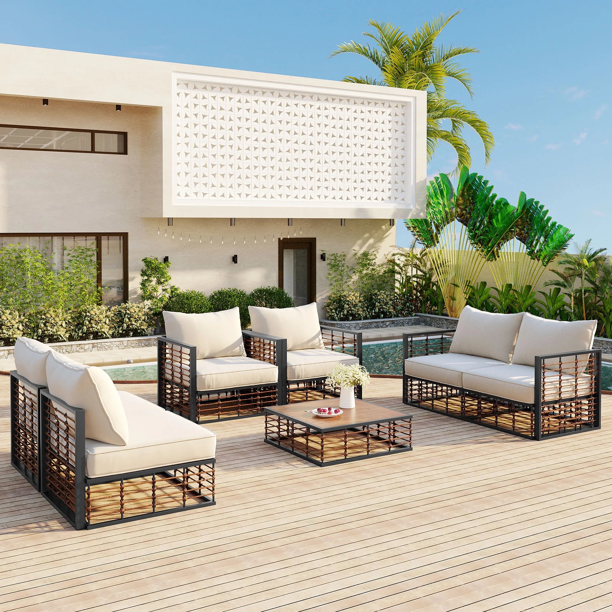 7 Pieces All-Weather Metal Minimalist Modern Outdoor Patio Sectional Sofa Set
