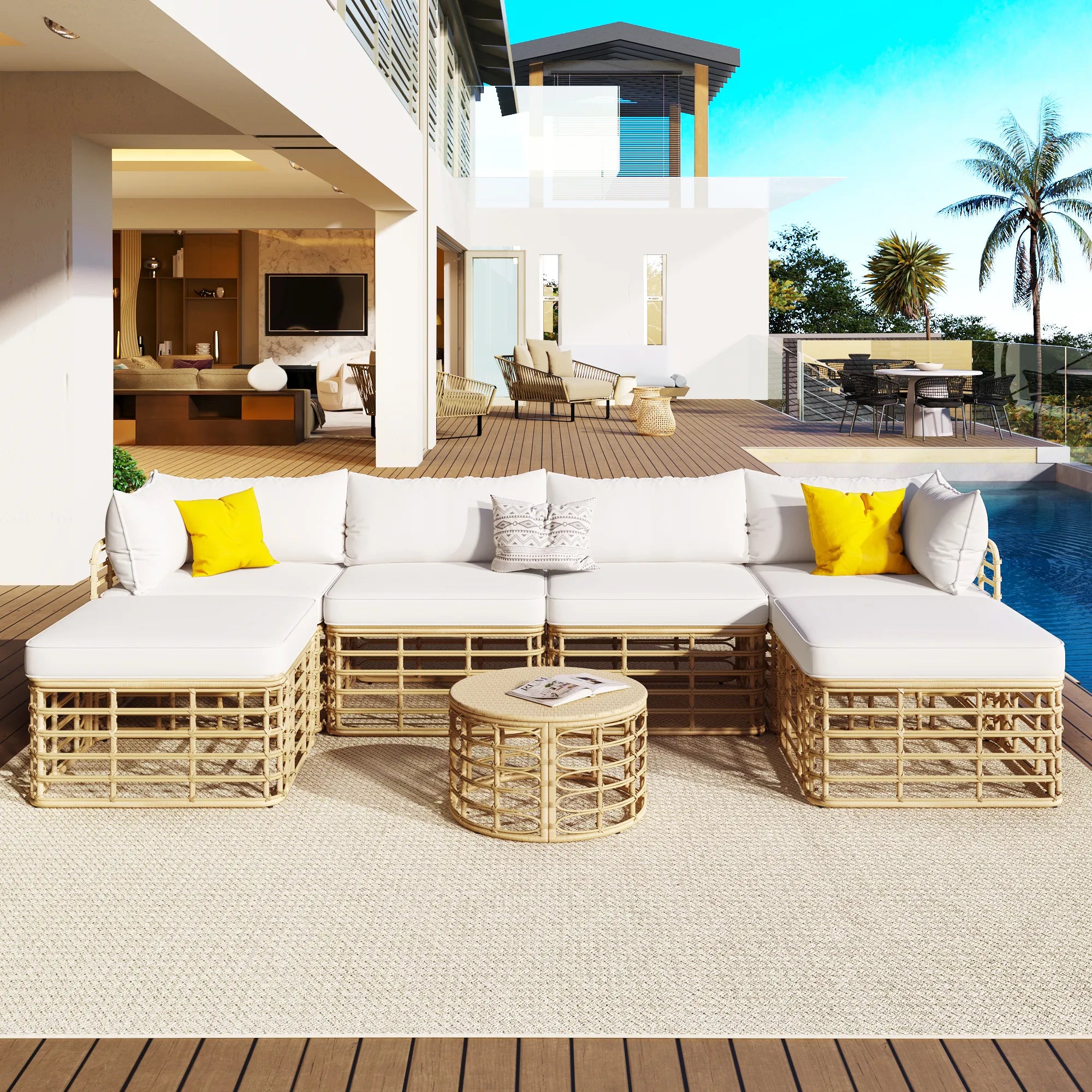 7 Pieces All-Weather Rattan Outdoor Patio Sectional Sofa Set