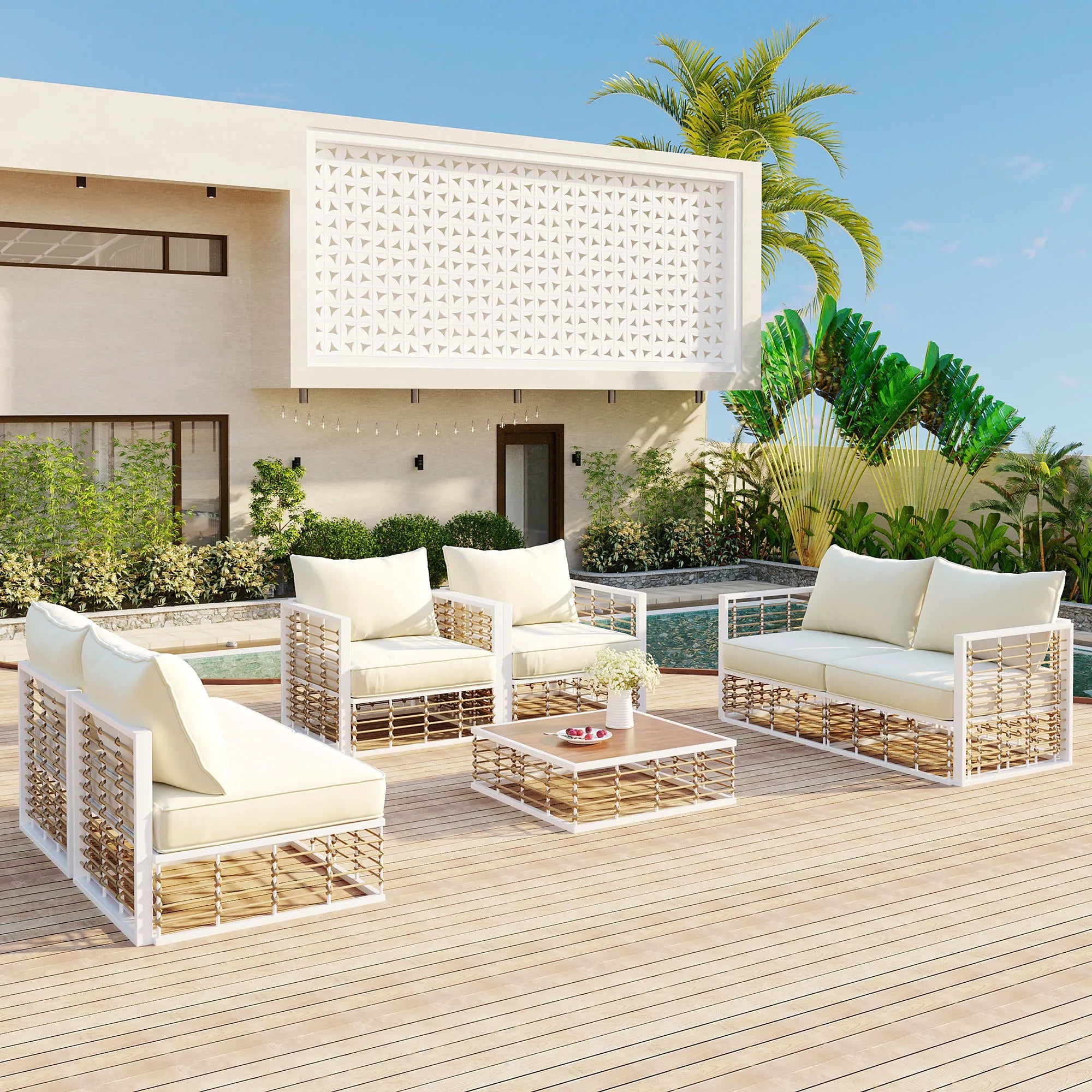 7 Pieces All-Weather Metal Minimalist Modern Outdoor Patio Sectional Sofa Set