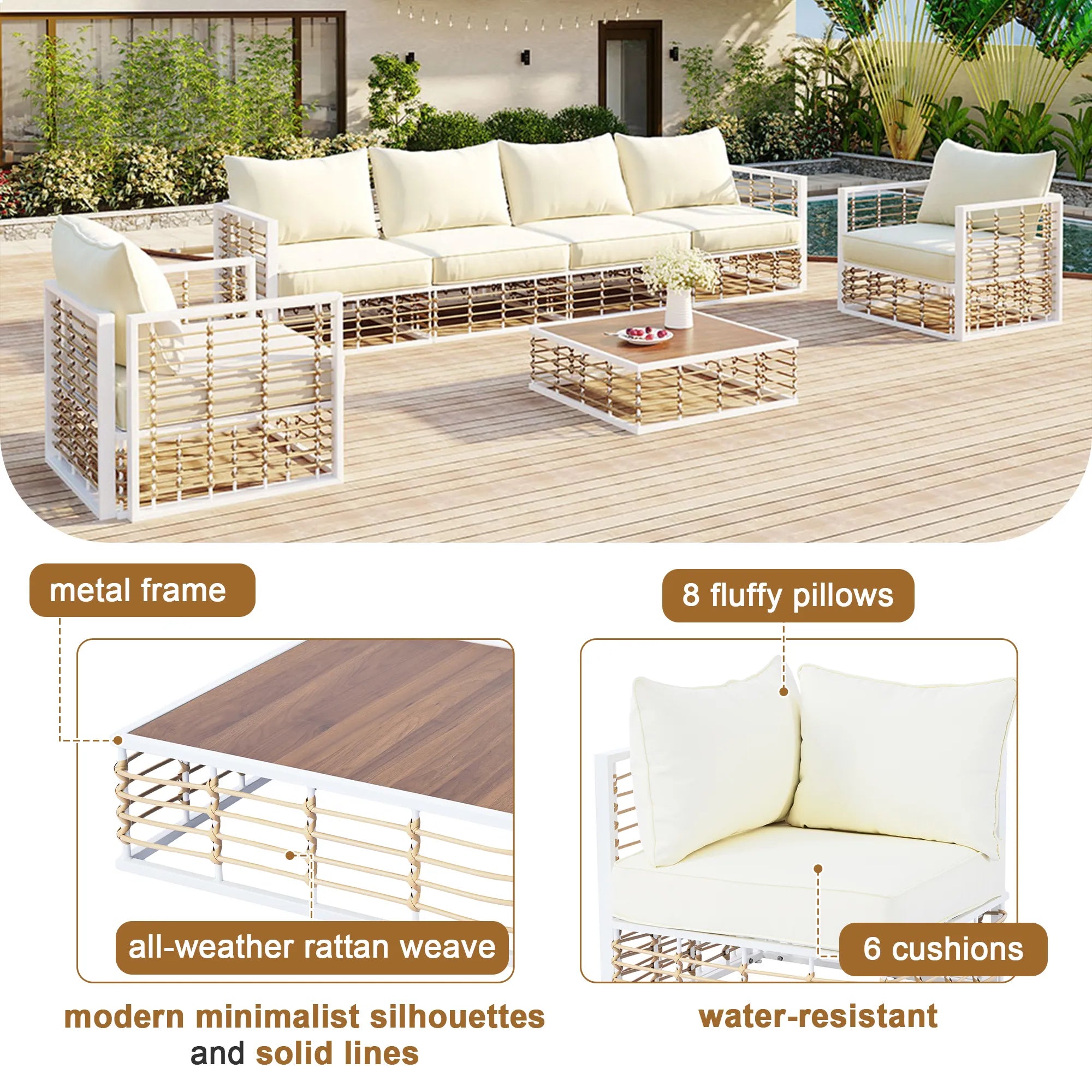 7 Pieces All-Weather Metal Minimalist Modern Outdoor Patio Sectional Sofa Set