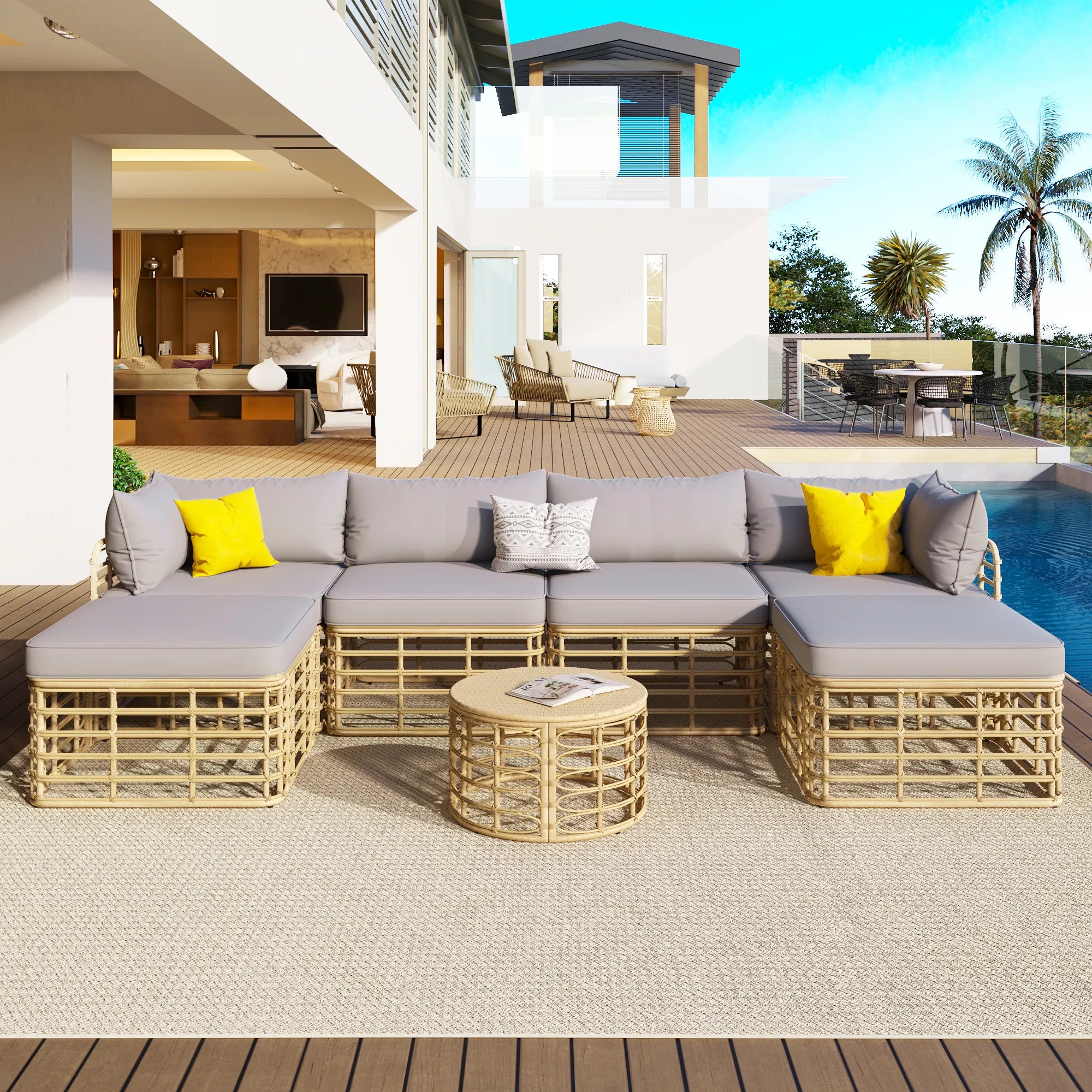 7 Pieces All-Weather Rattan Outdoor Patio Sectional Sofa Set