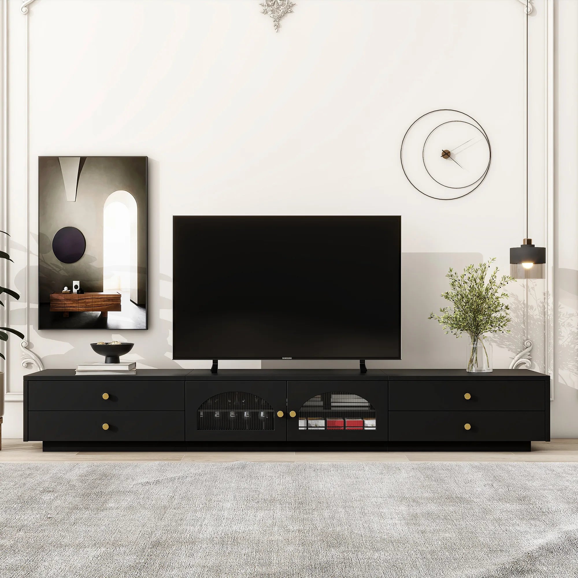 86" Long TV Stand with Fluted Glass Doors