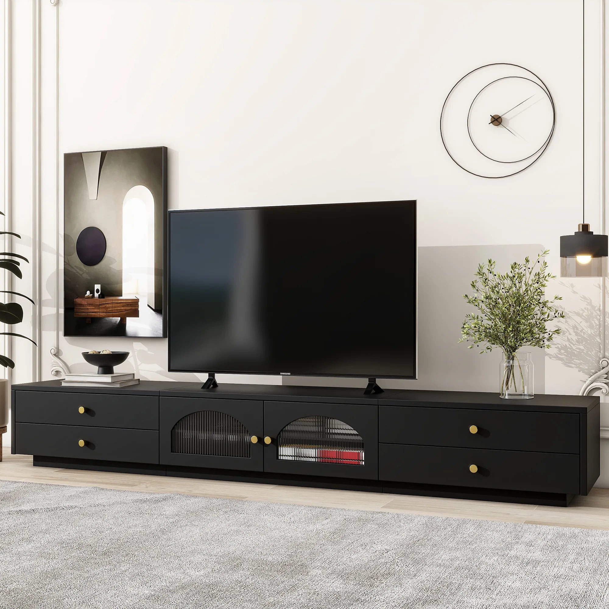 86" Long TV Stand with Fluted Glass Doors