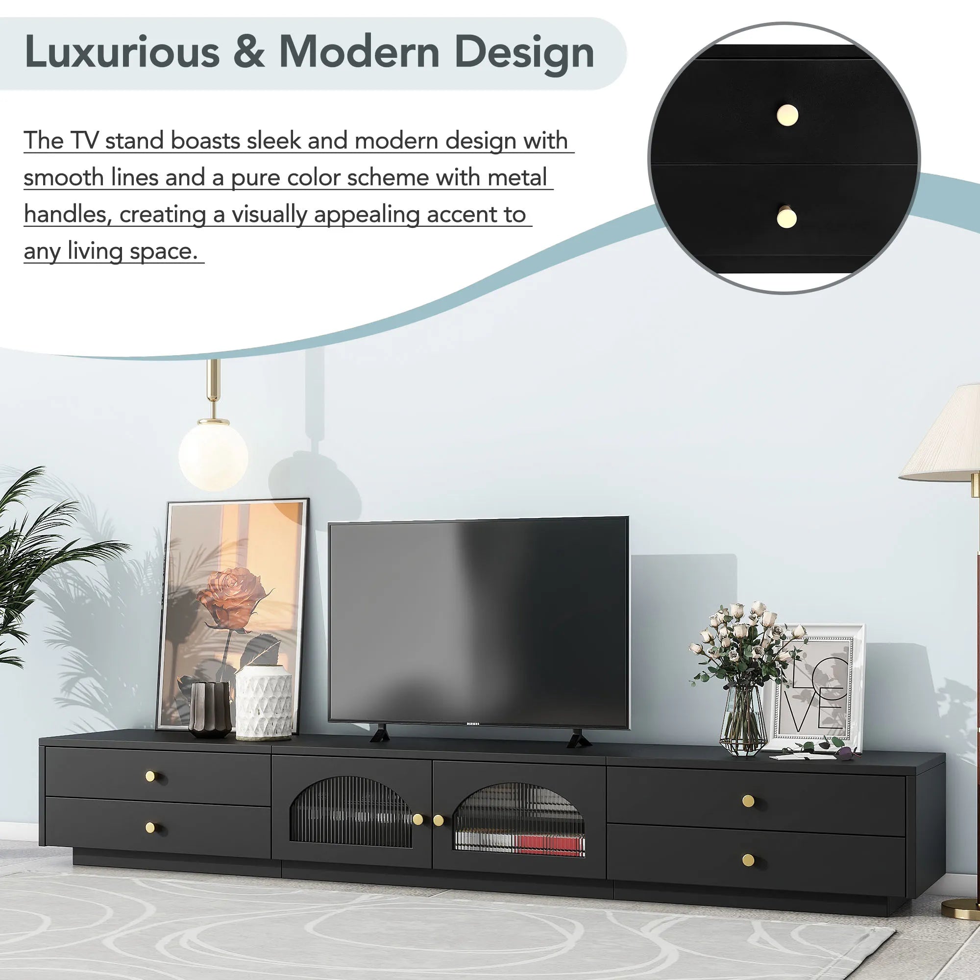 86" Long TV Stand with Fluted Glass Doors