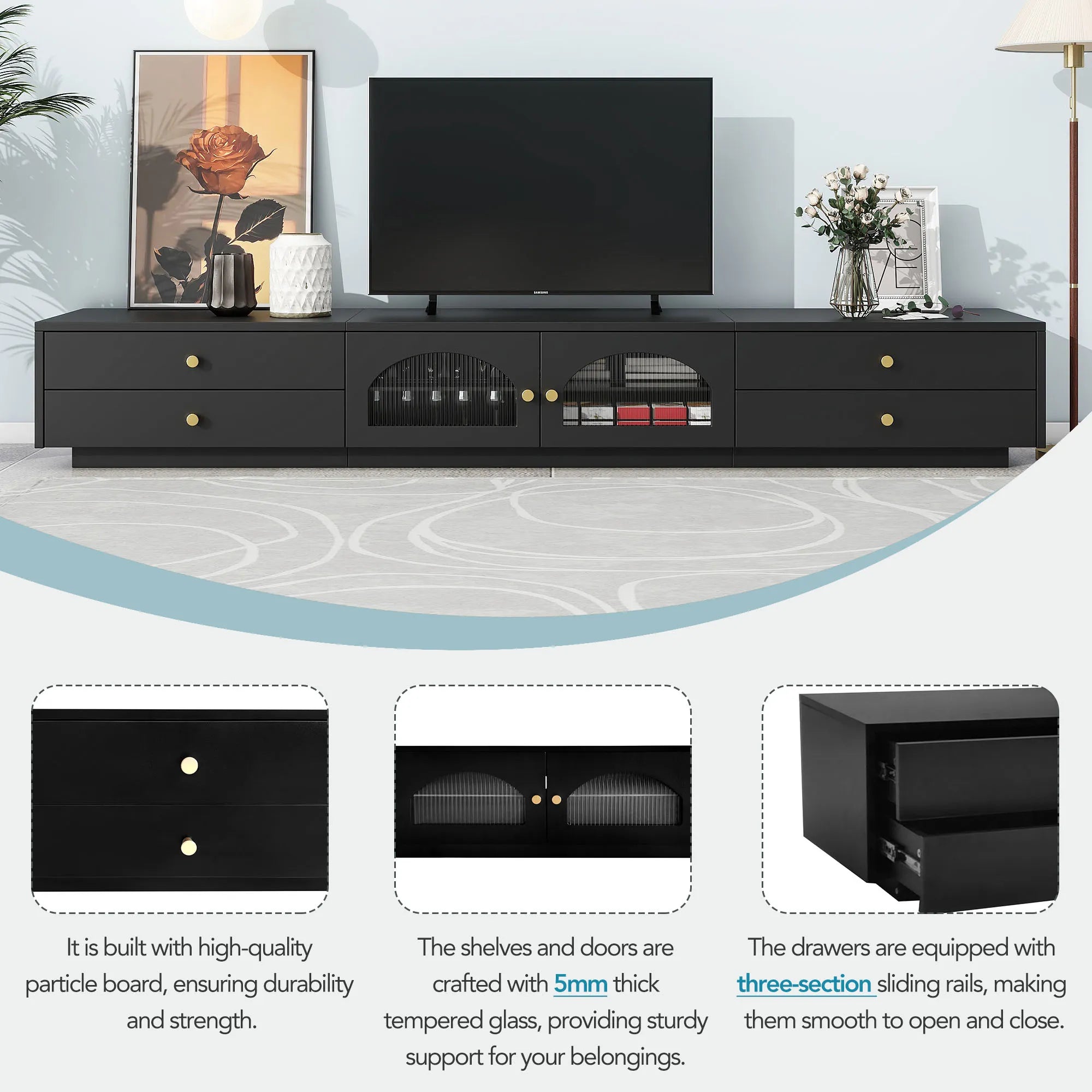 86" Long TV Stand with Fluted Glass Doors