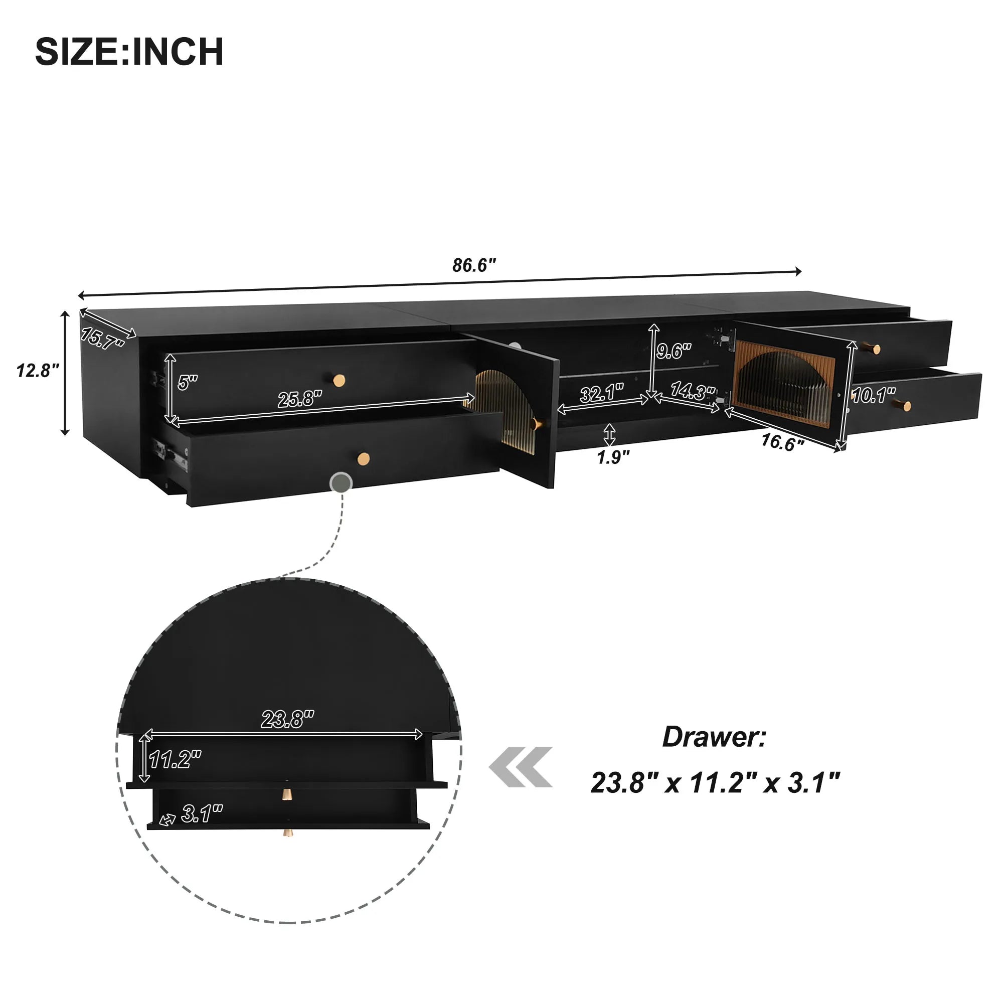 86" Long TV Stand with Fluted Glass Doors
