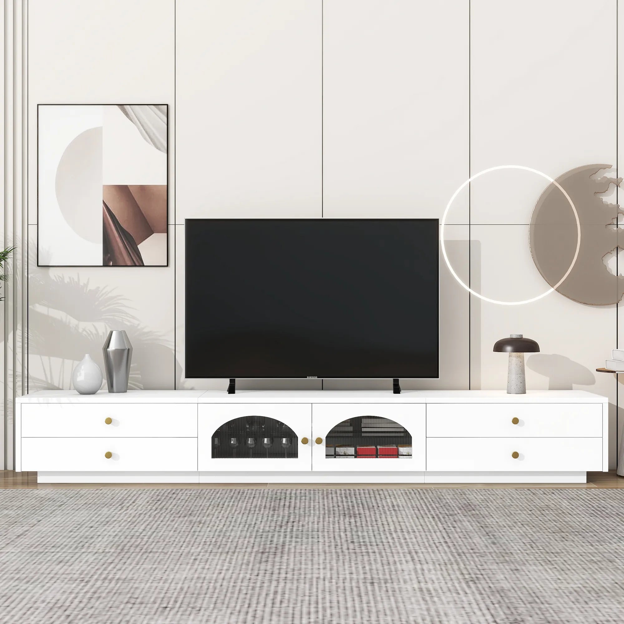 86" Long TV Stand with Fluted Glass Doors