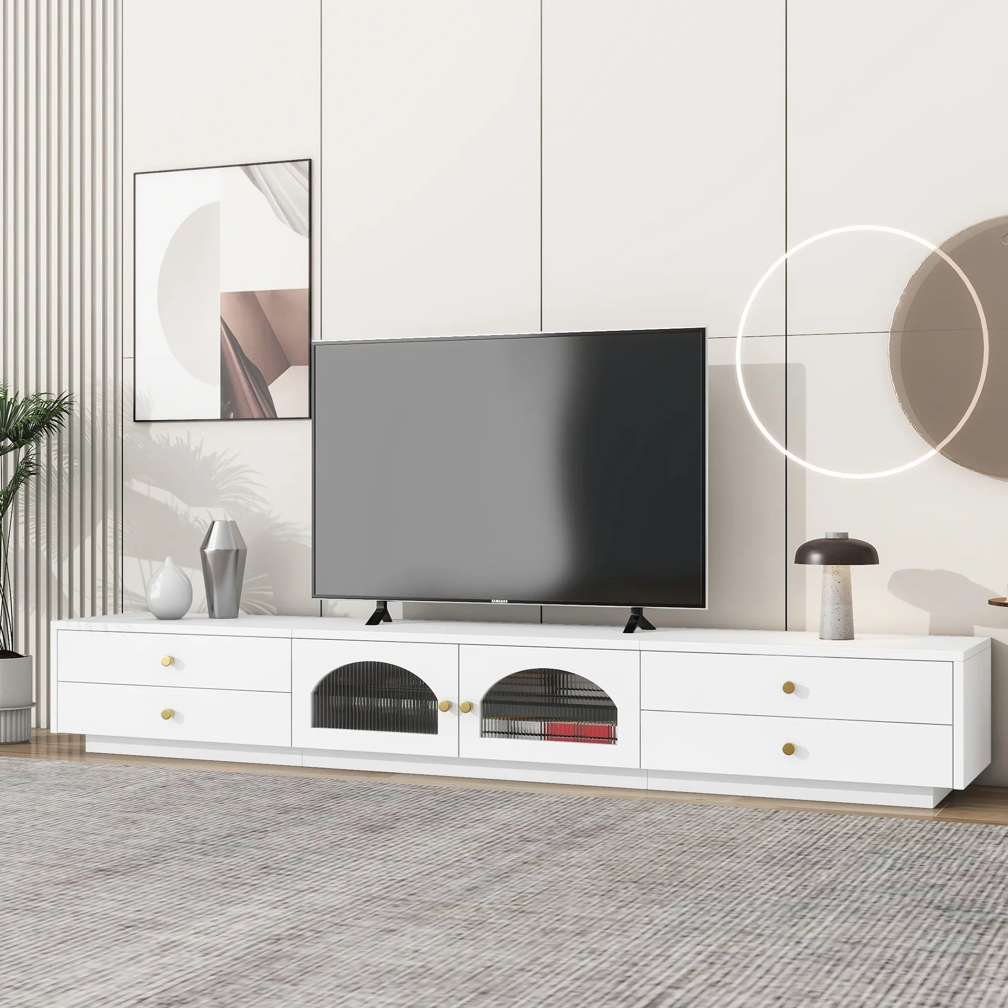 86" Long TV Stand with Fluted Glass Doors