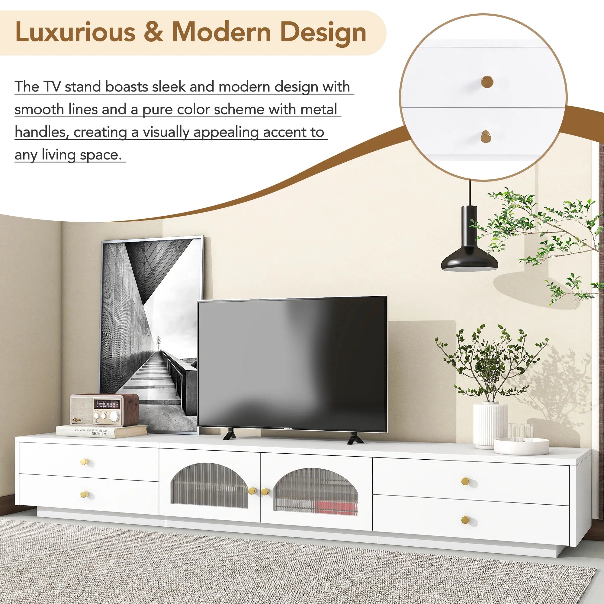 86" Long TV Stand with Fluted Glass Doors