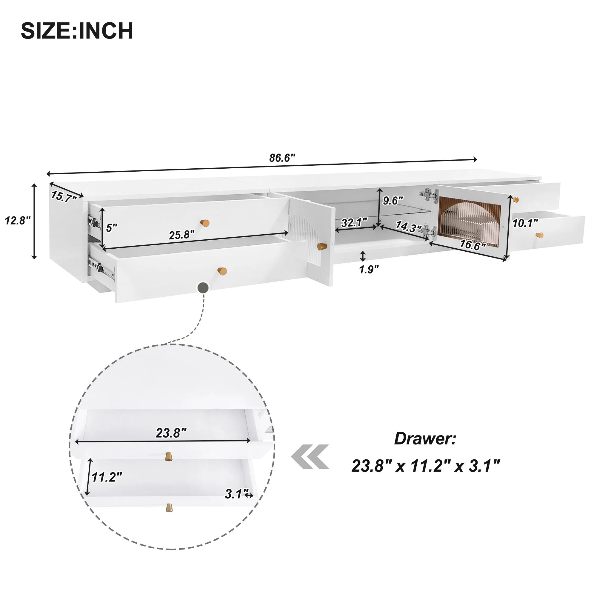 86" Long TV Stand with Fluted Glass Doors