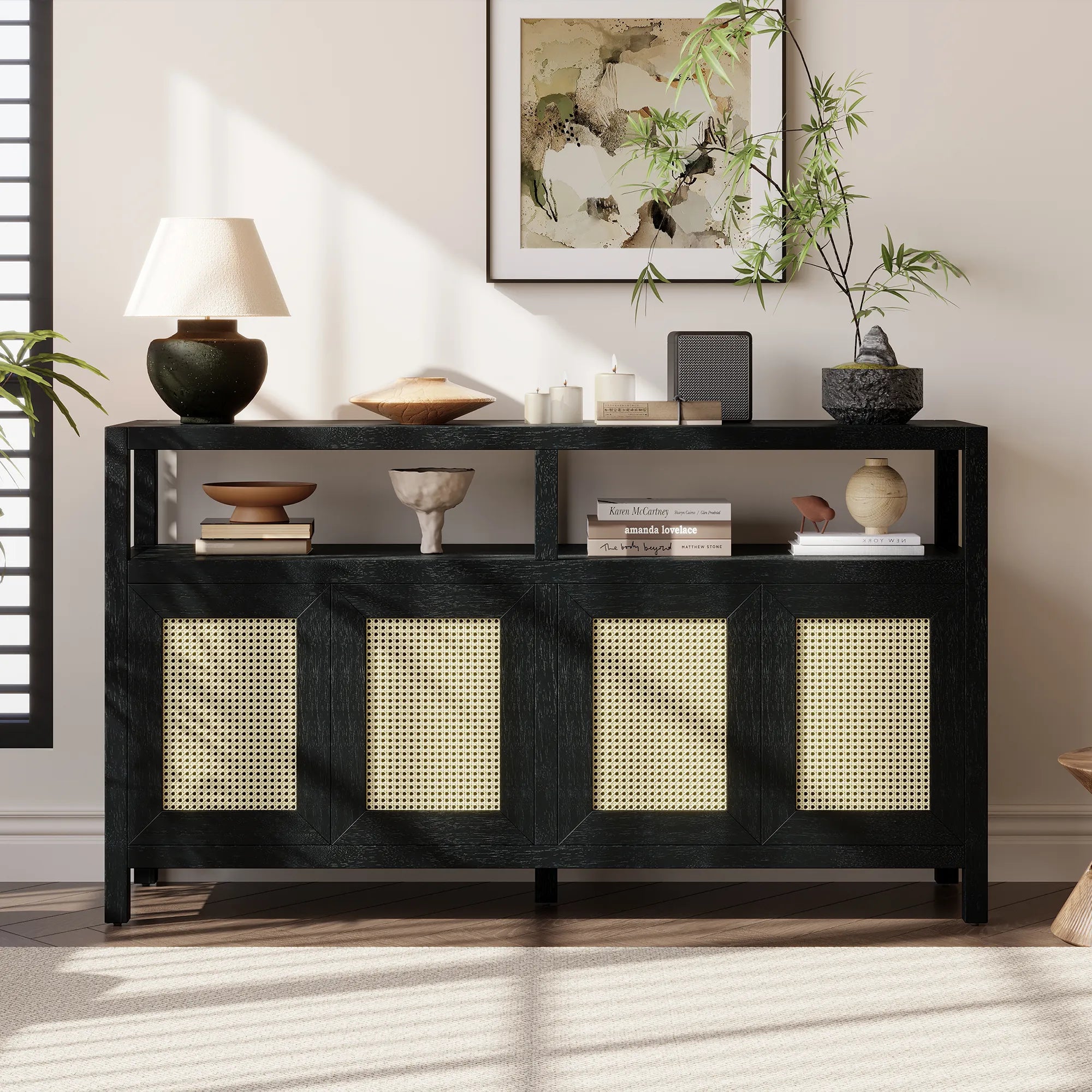Bohemian Rattan Buffet Storage Cabinet with Adjustable Shelves