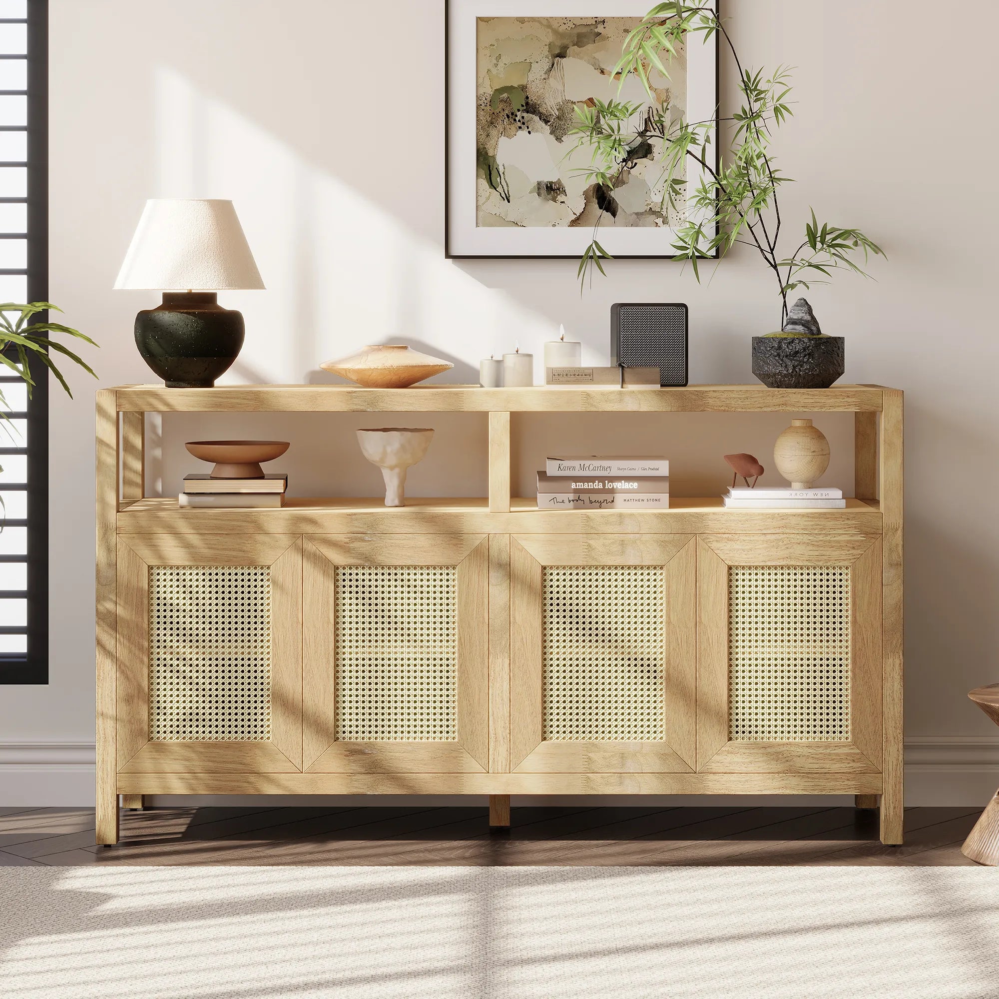 Bohemian Rattan Buffet Storage Cabinet with Adjustable Shelves