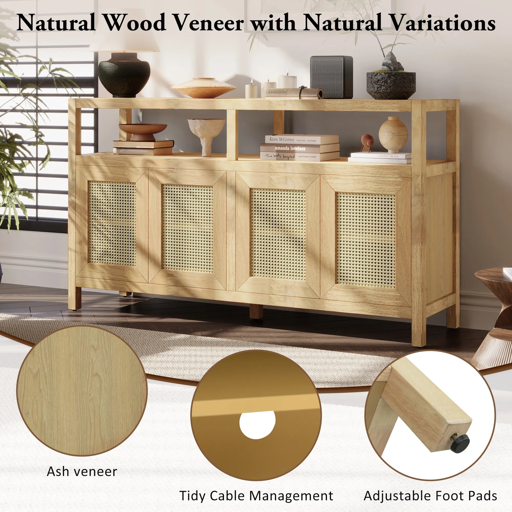 Bohemian Rattan Buffet Storage Cabinet with Adjustable Shelves