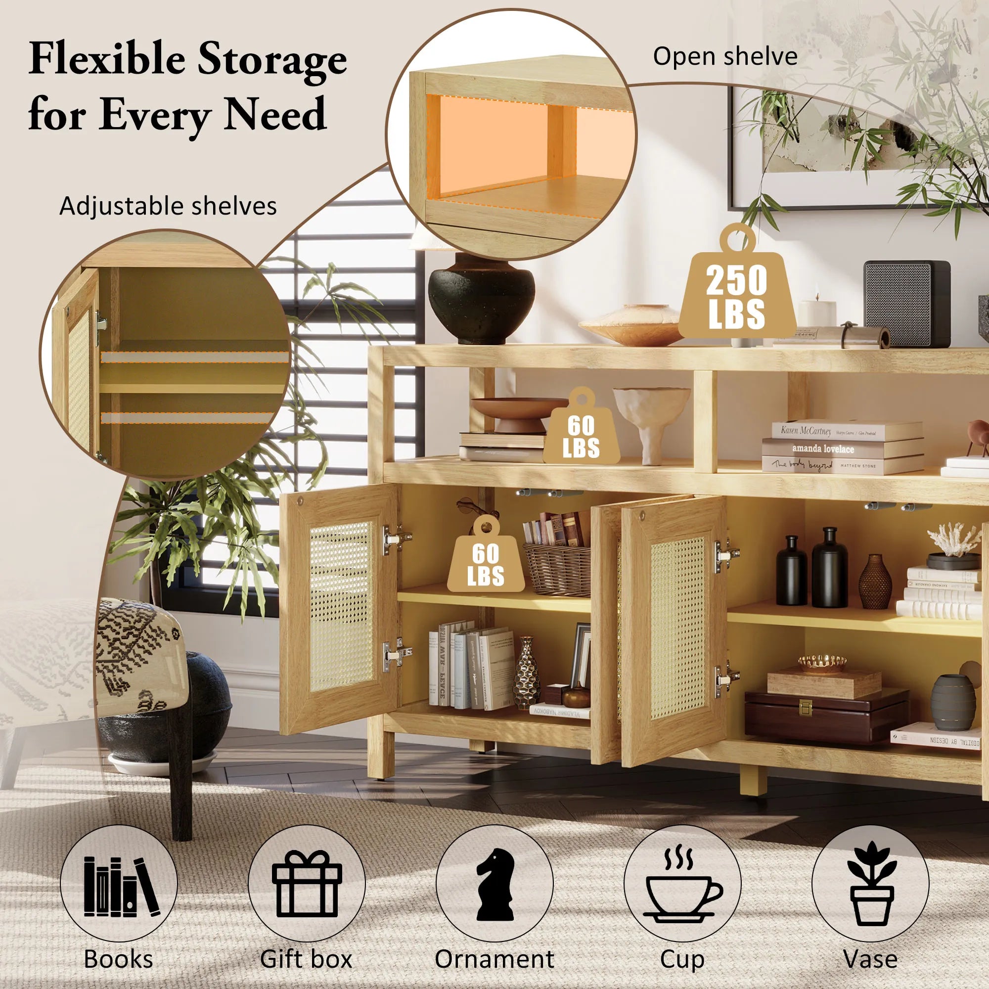 Bohemian Rattan Buffet Storage Cabinet with Adjustable Shelves