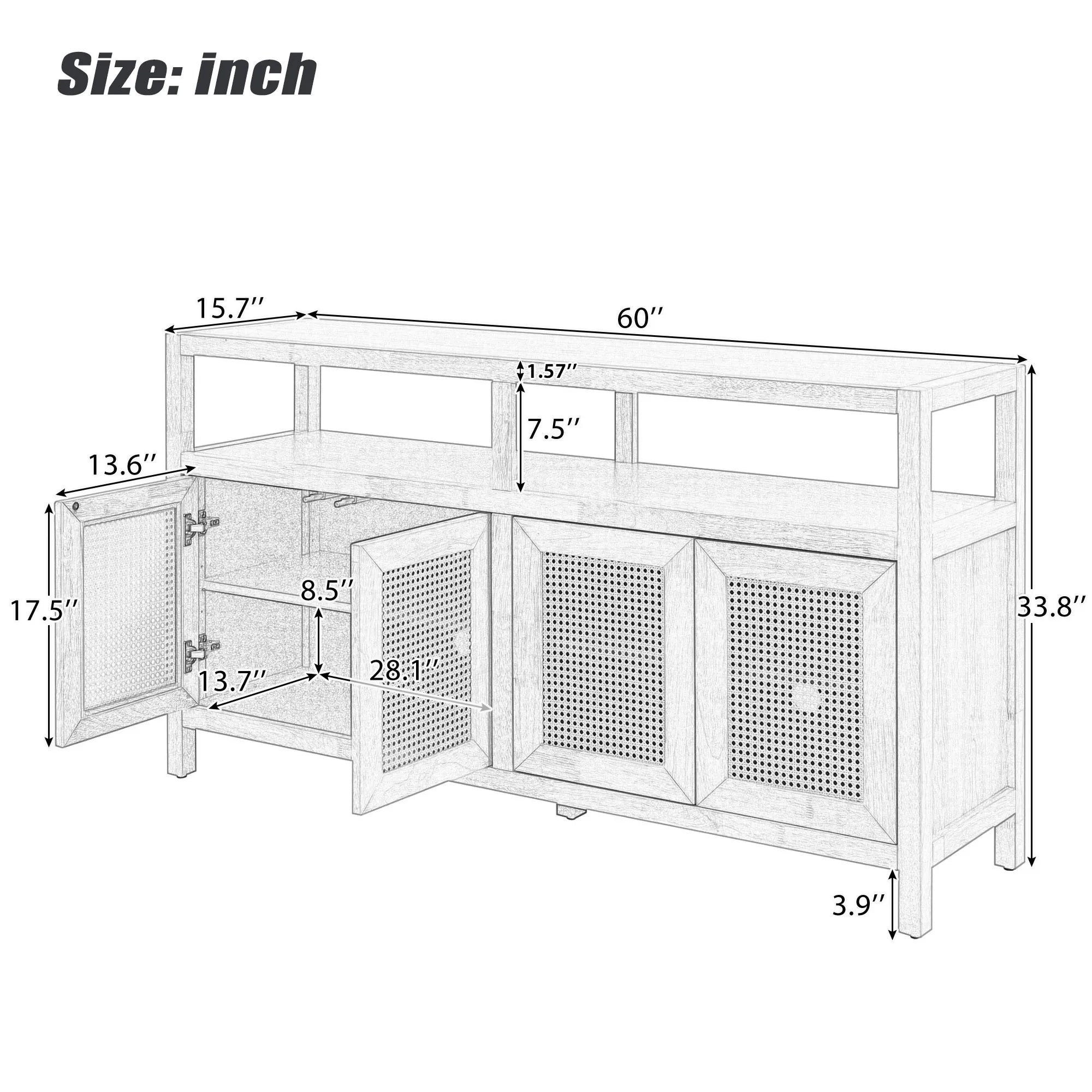 Bohemian Rattan Buffet Storage Cabinet with Adjustable Shelves