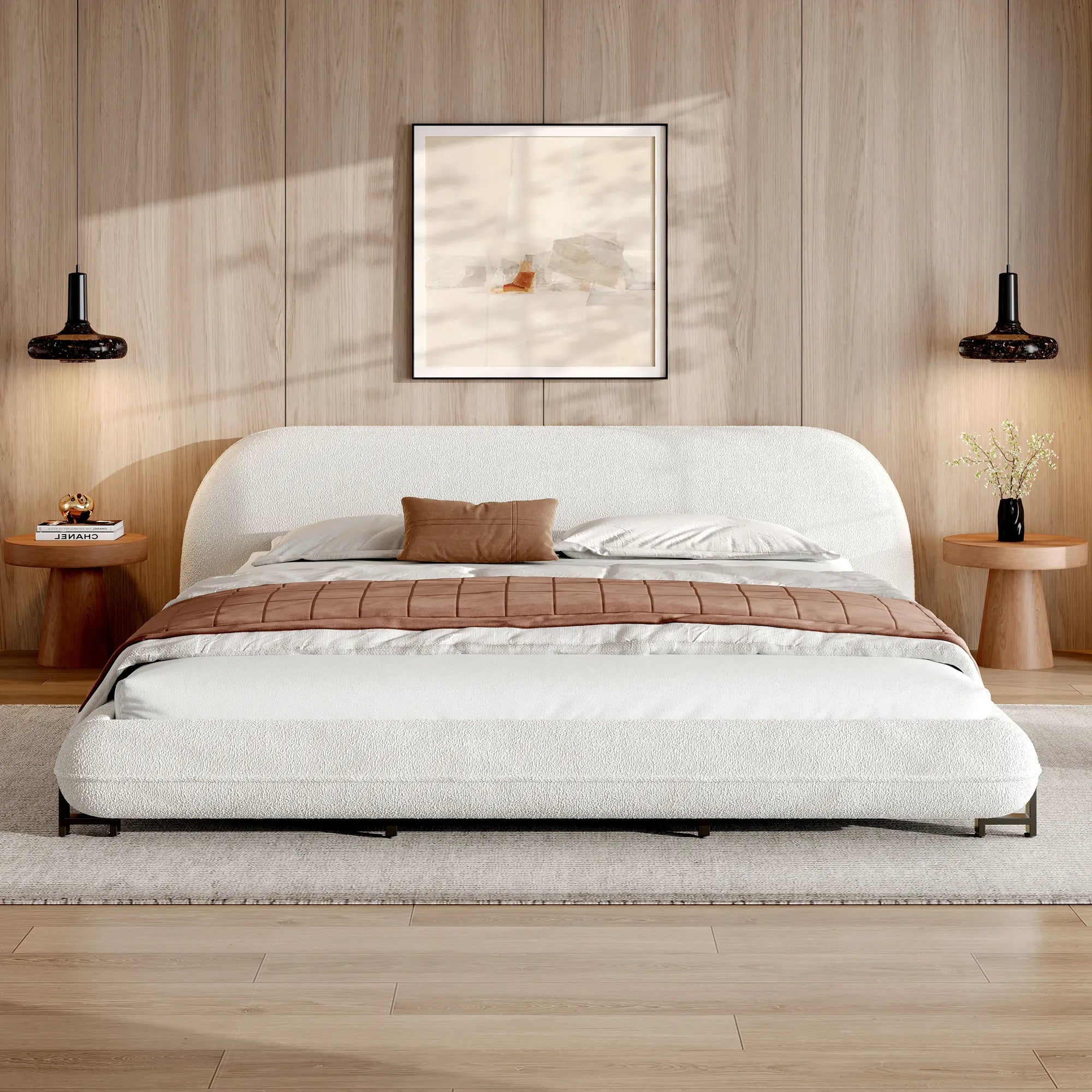 Boucle Upholstered Platform Bed with Thick Headboard