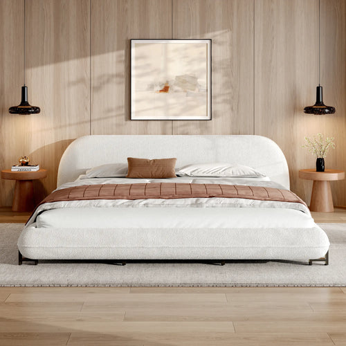 Boucle Upholstered Platform Bed with Thick Headboard