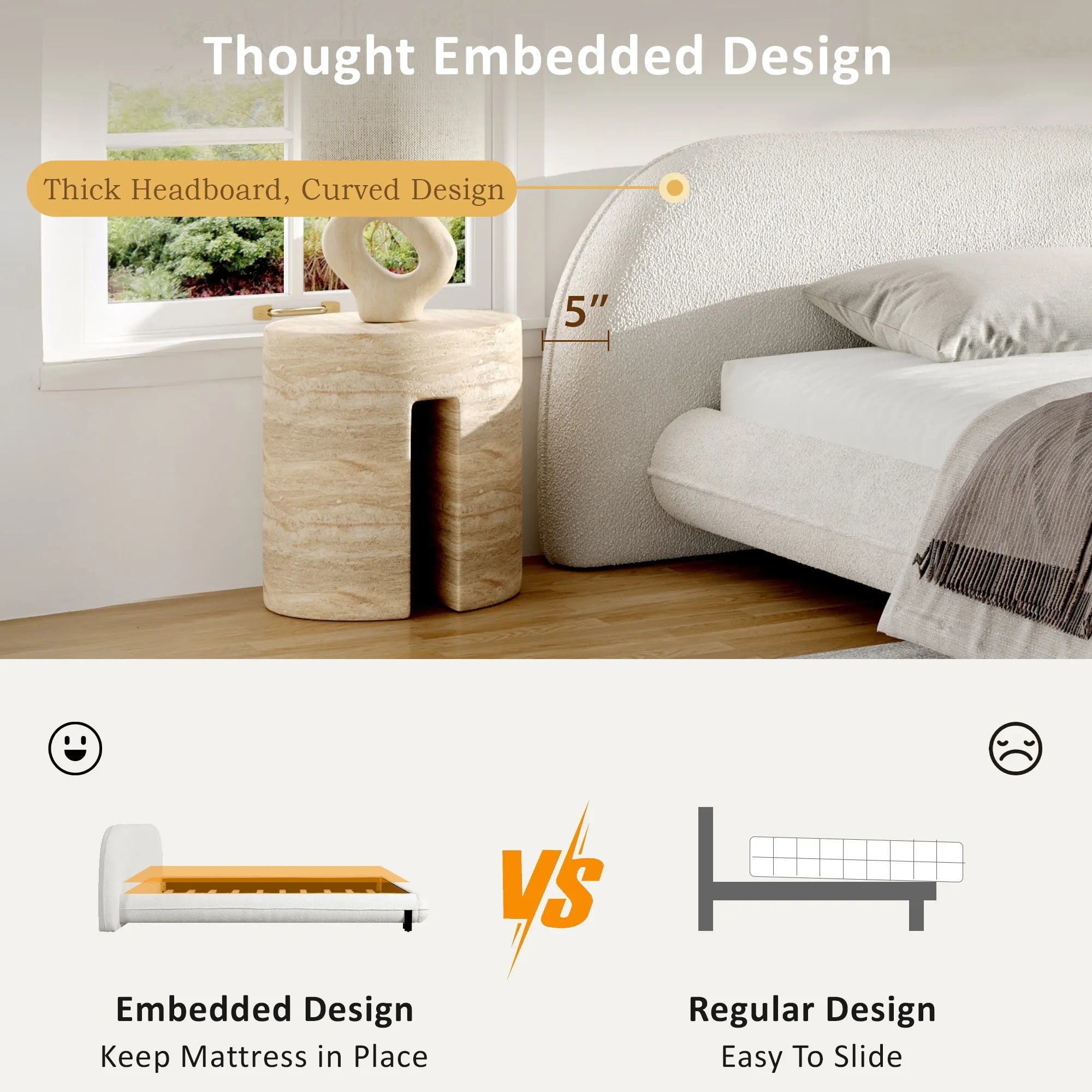 Boucle Upholstered Platform Bed with Thick Headboard