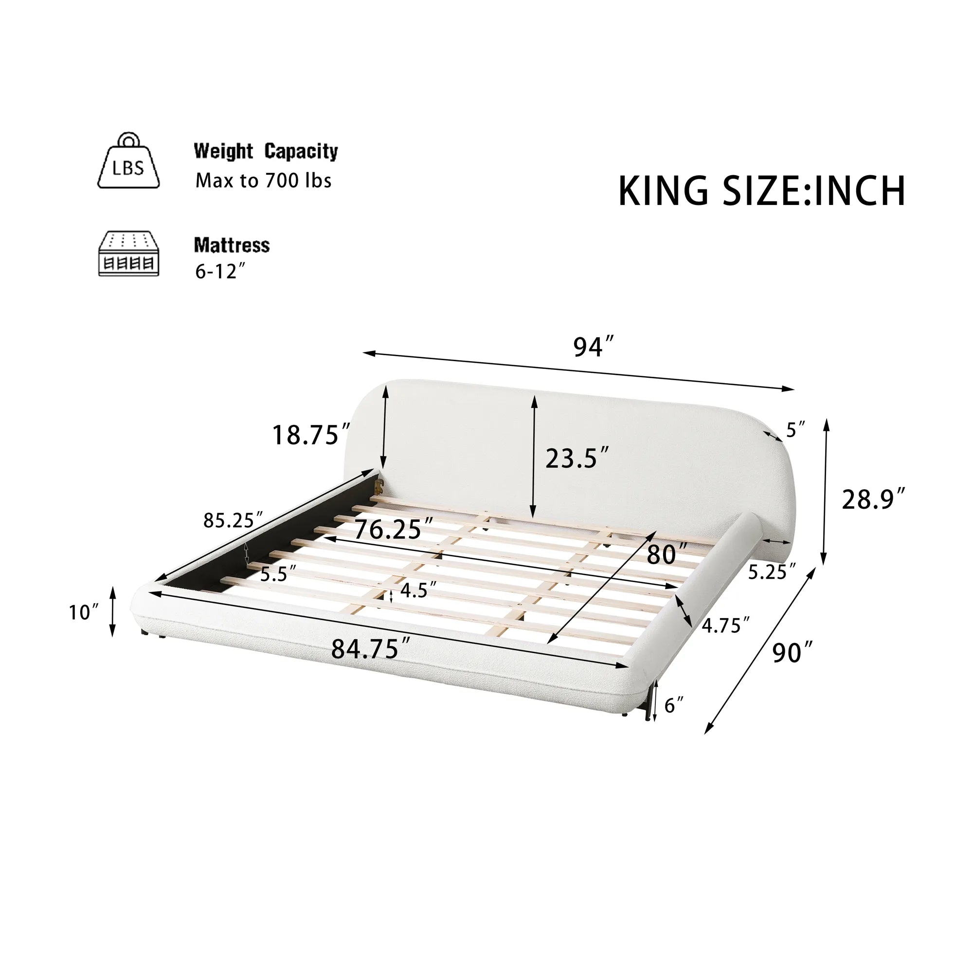 Boucle Upholstered Platform Bed with Thick Headboard