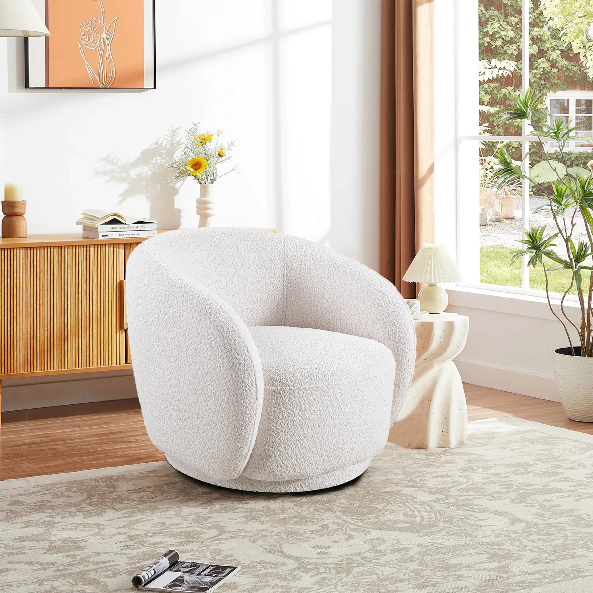 Boucle Fabric Swivel Barrel Accent Chair