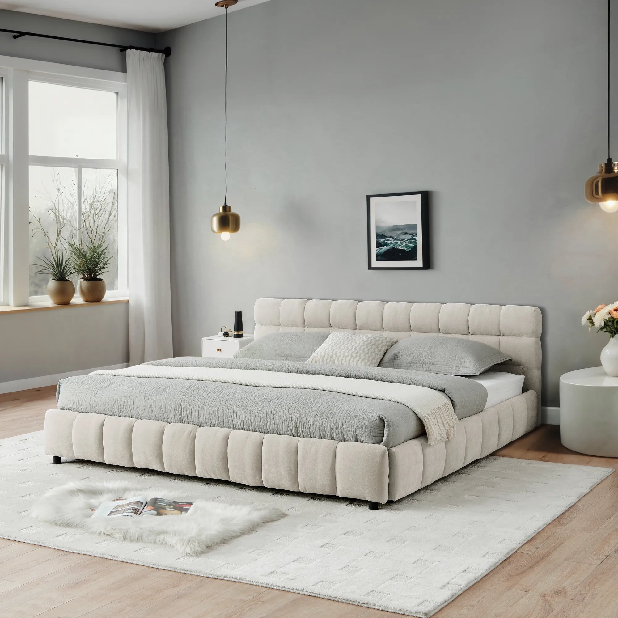 California King Upholstered Bed Frame with Storage Drawer & Headboard