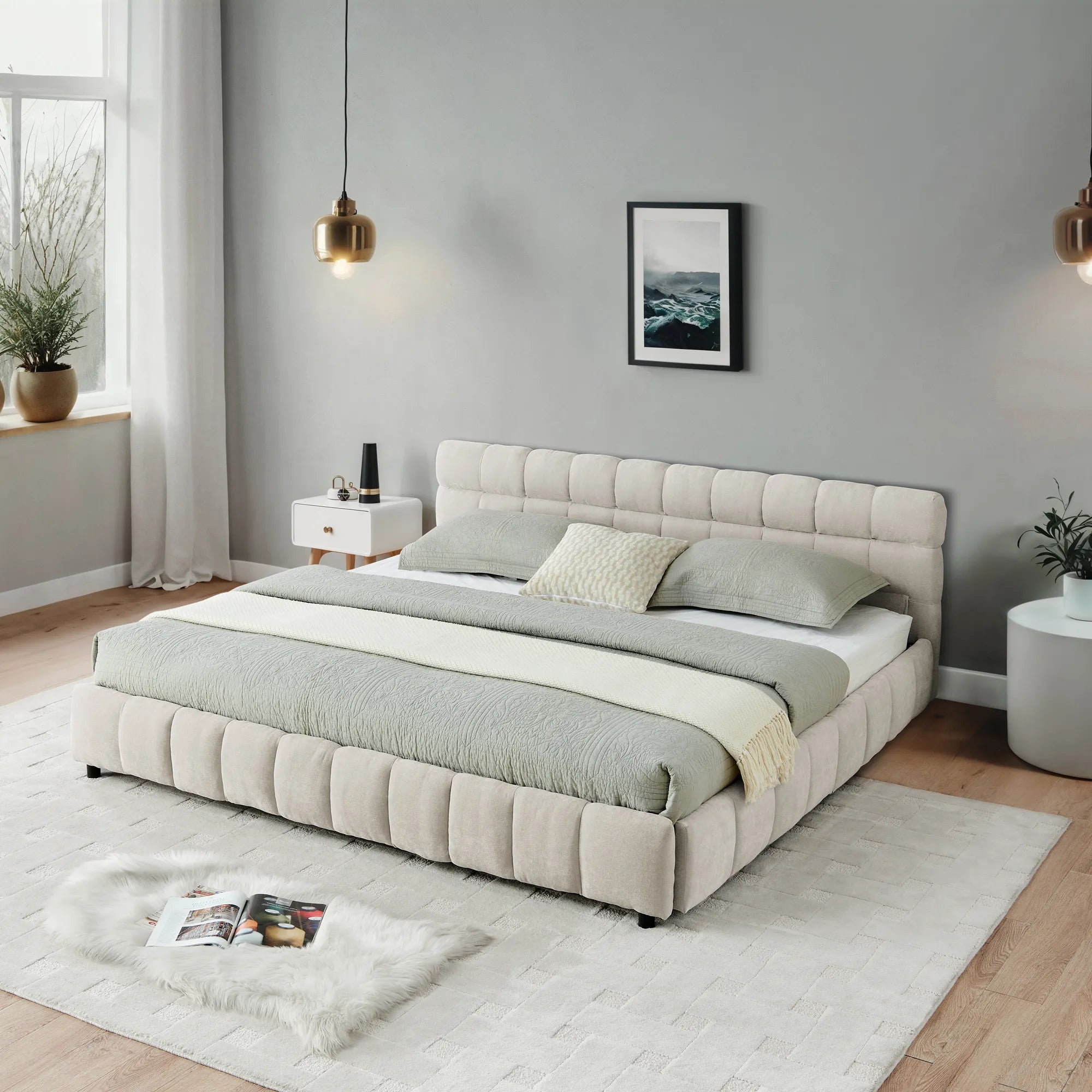 California King Upholstered Bed Frame with Storage Drawer & Headboard