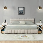 California King Upholstered Bed Frame with Storage Drawer & Headboard
