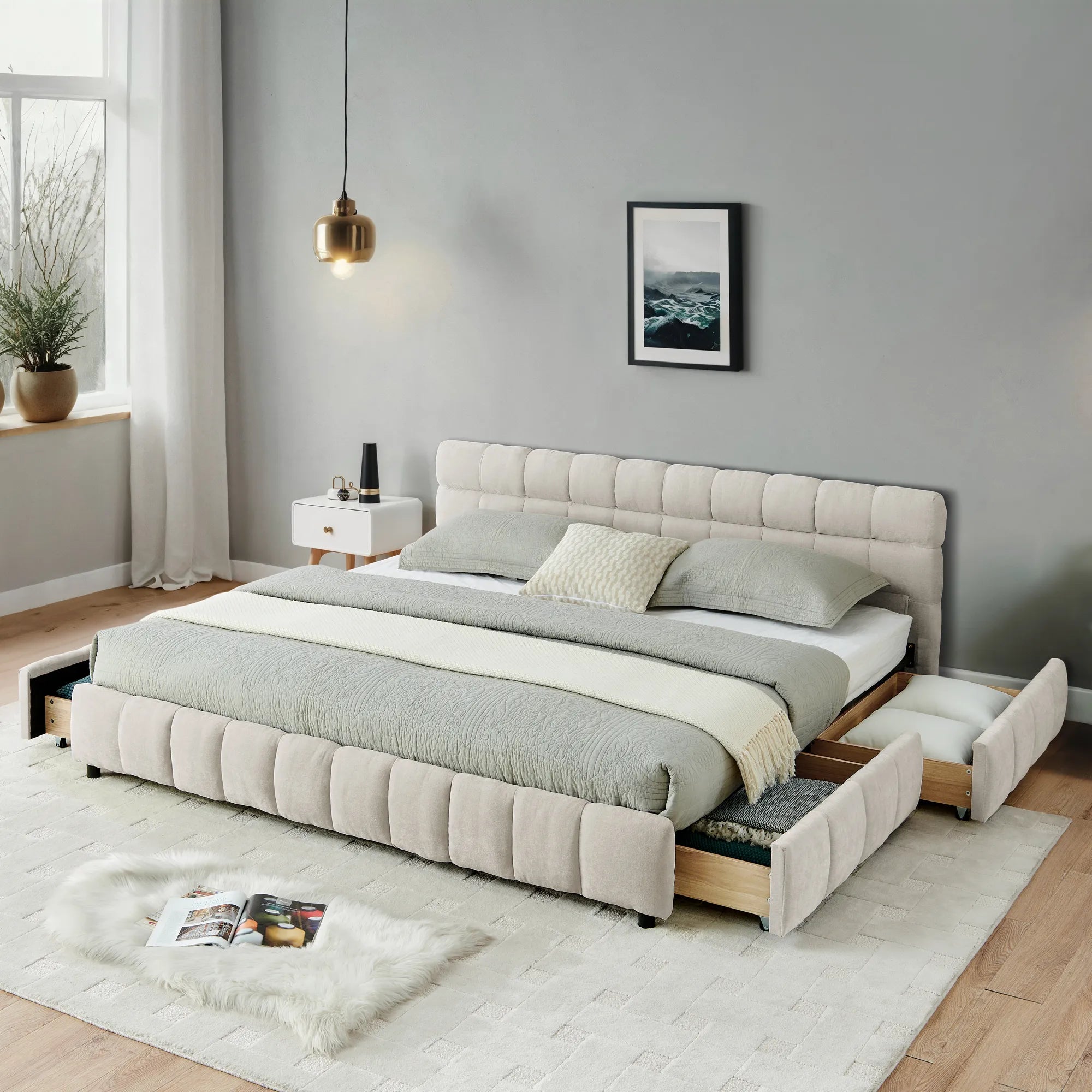 California King Upholstered Bed Frame with Storage Drawer & Headboard