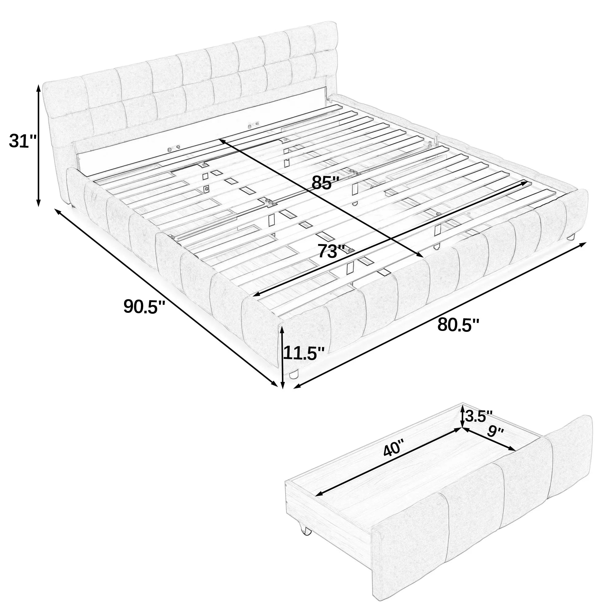 California King Upholstered Bed Frame with Storage Drawer & Headboard