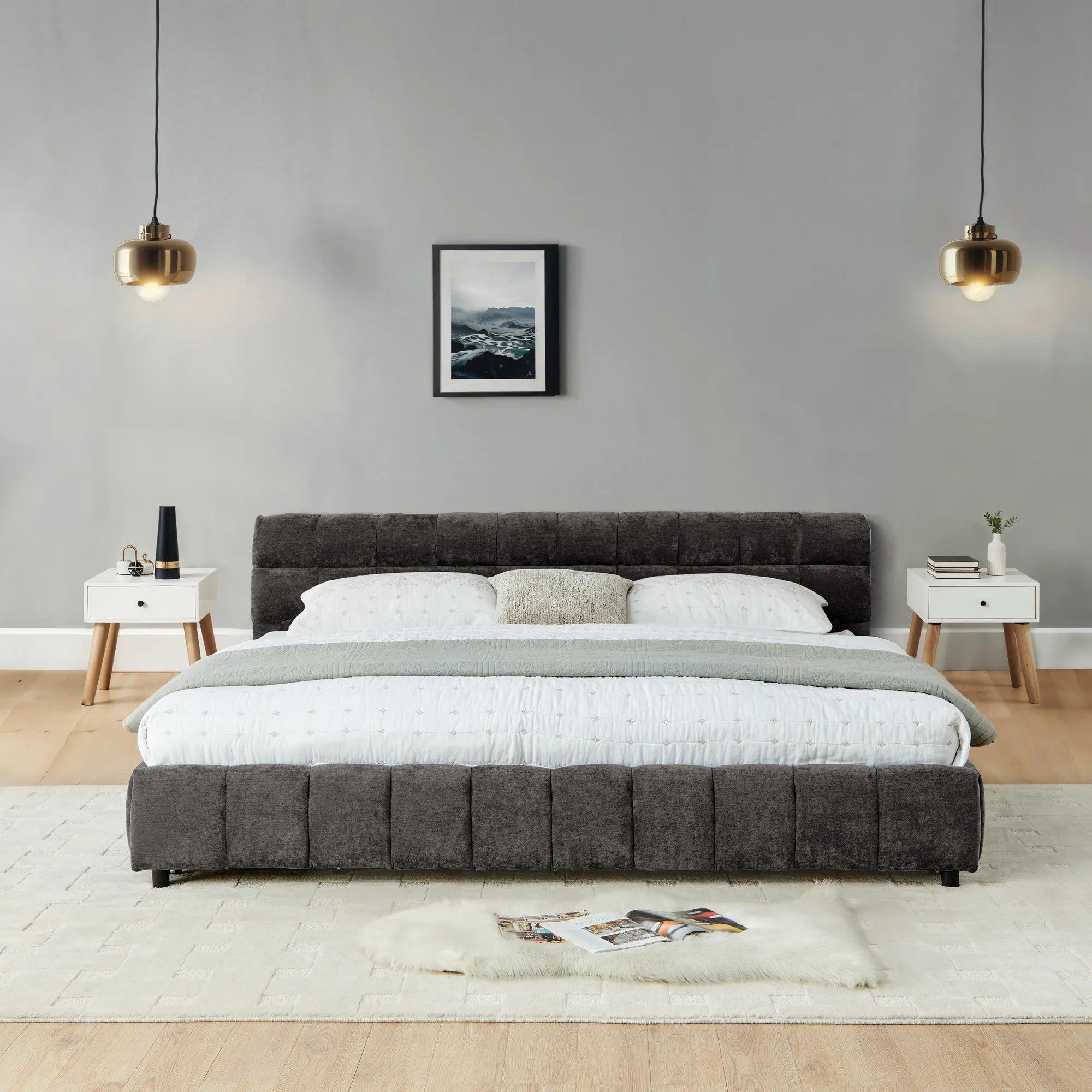 California King Upholstered Bed Frame with Storage Drawer & Headboard