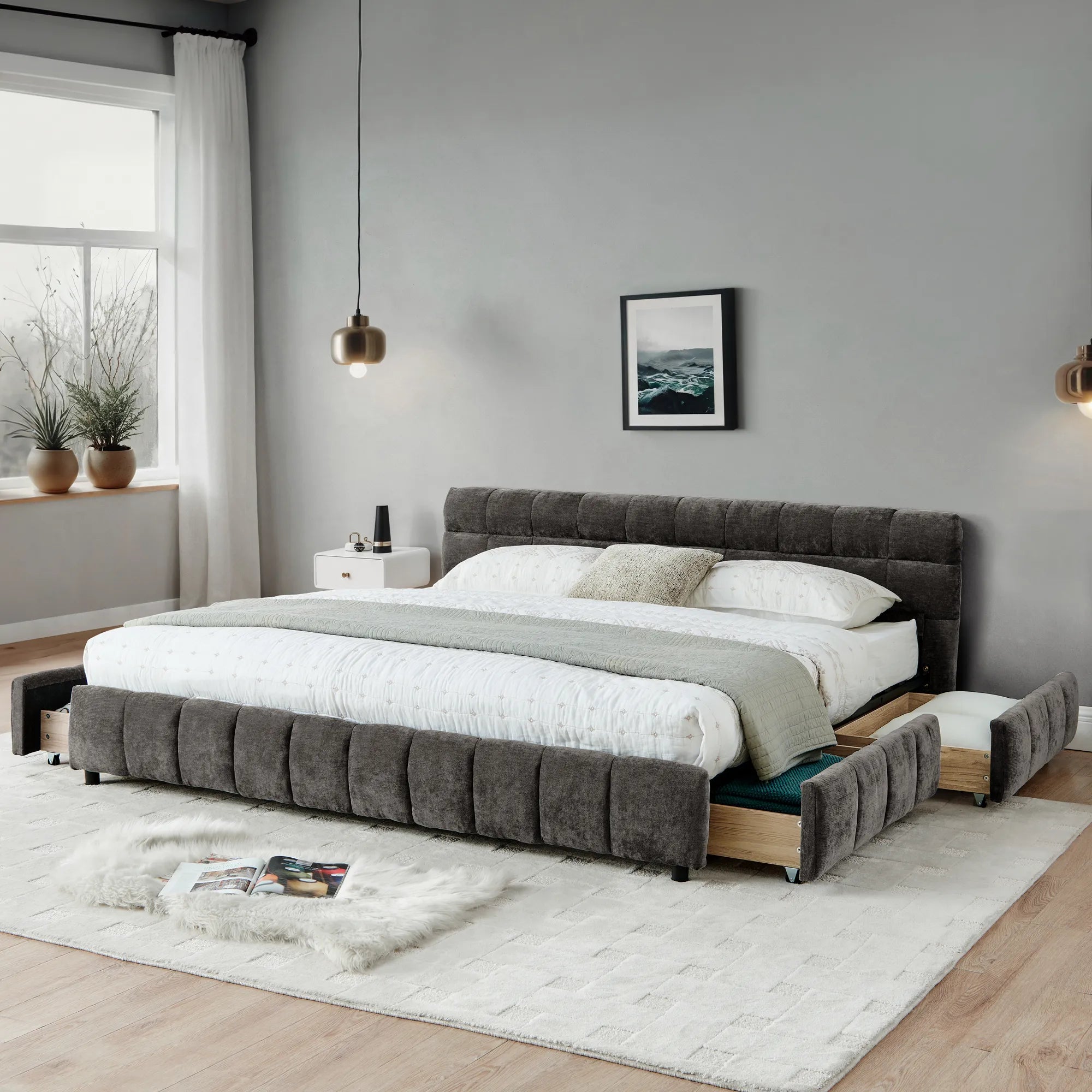 California King Upholstered Bed Frame with Storage Drawer & Headboard