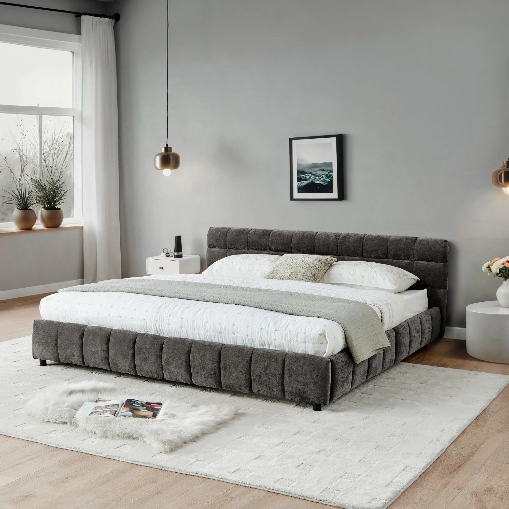 California King Upholstered Bed Frame with Storage Drawer & Headboard