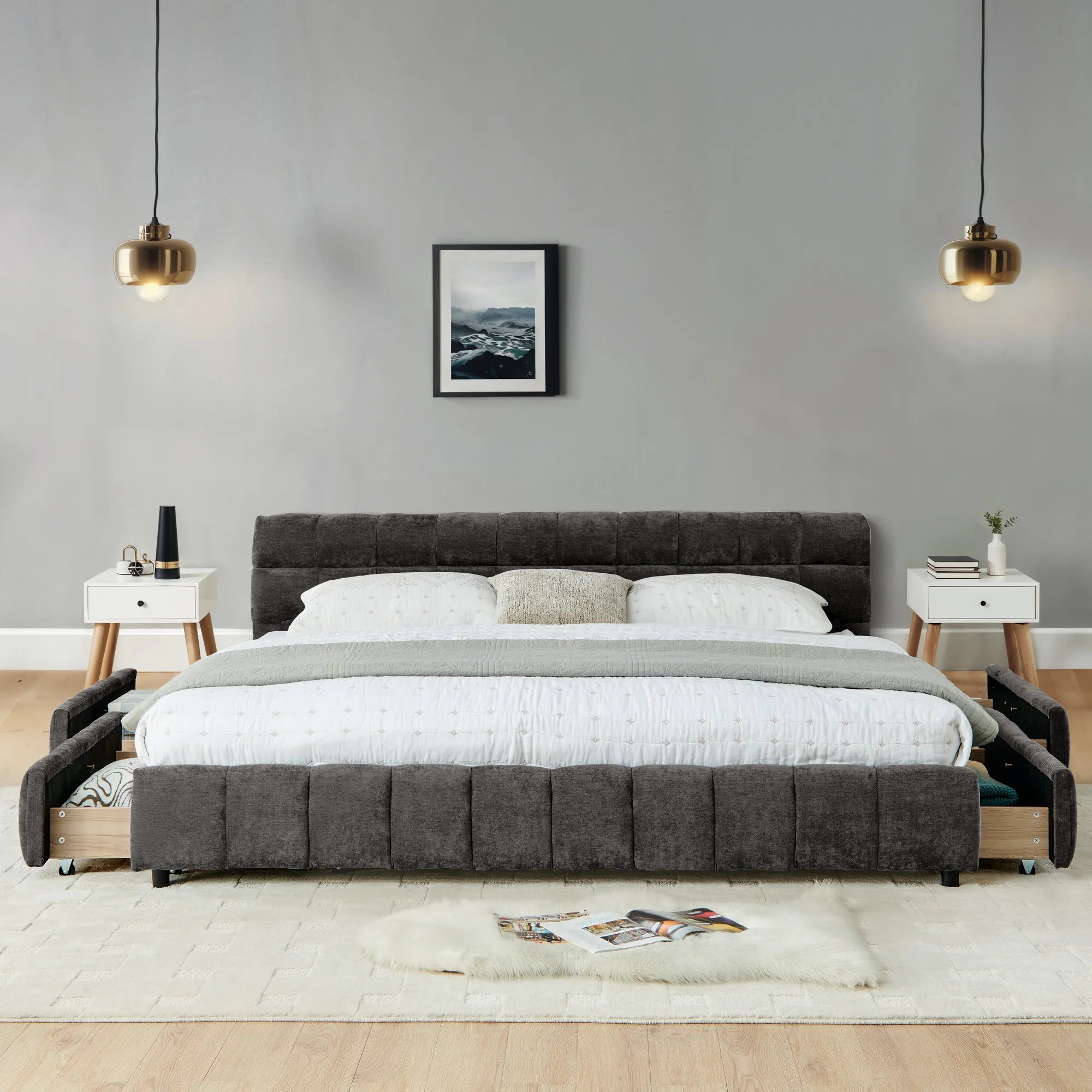 California King Upholstered Bed Frame with Storage Drawer & Headboard