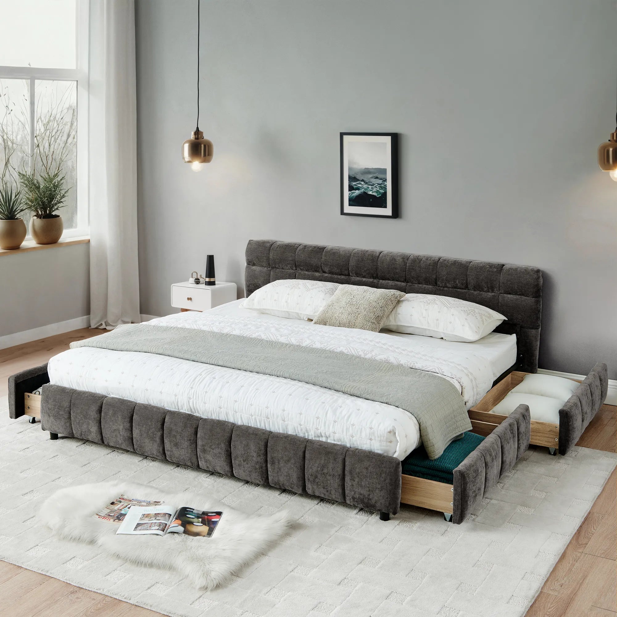 California King Upholstered Bed Frame with Storage Drawer & Headboard