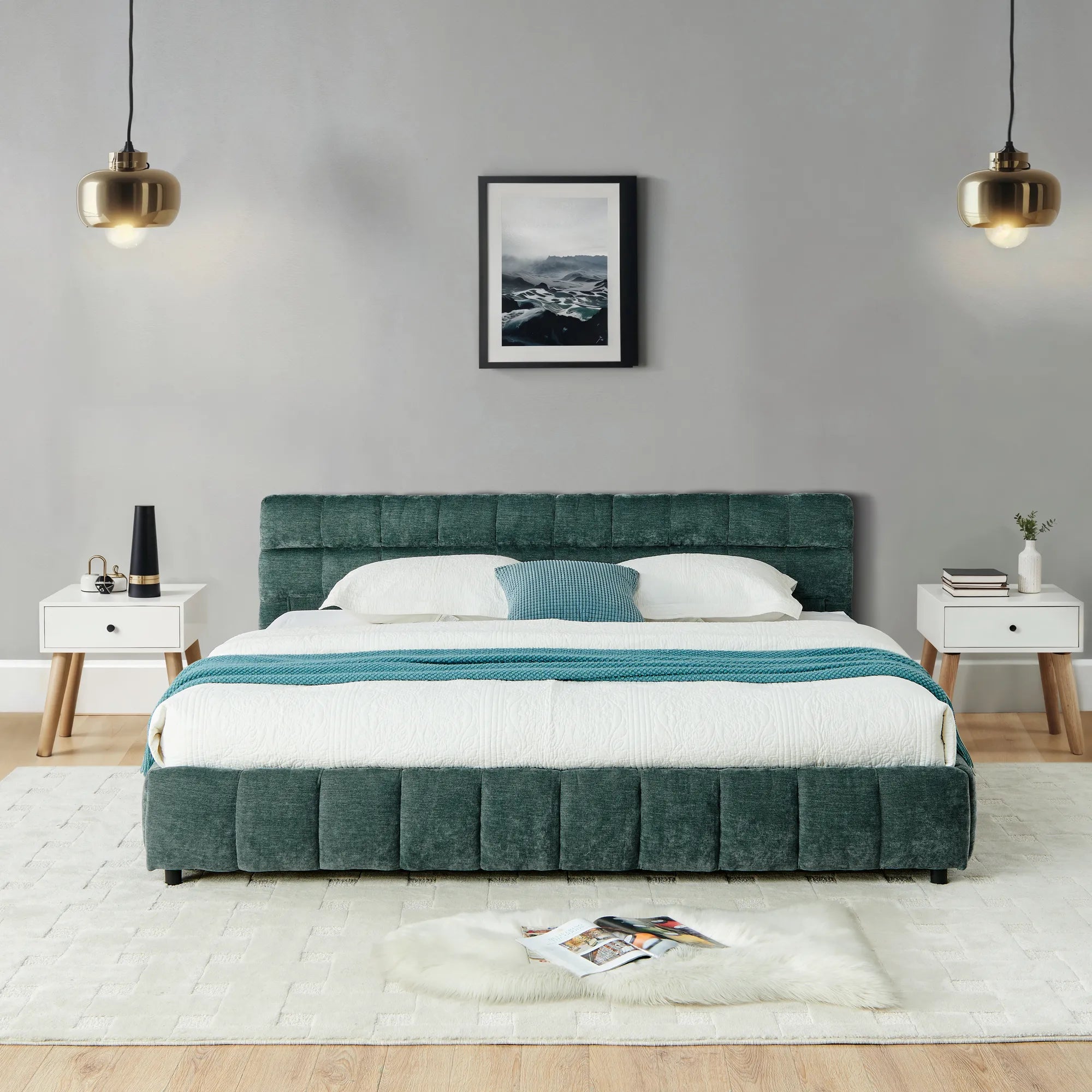 California King Upholstered Bed Frame with Storage Drawer & Headboard