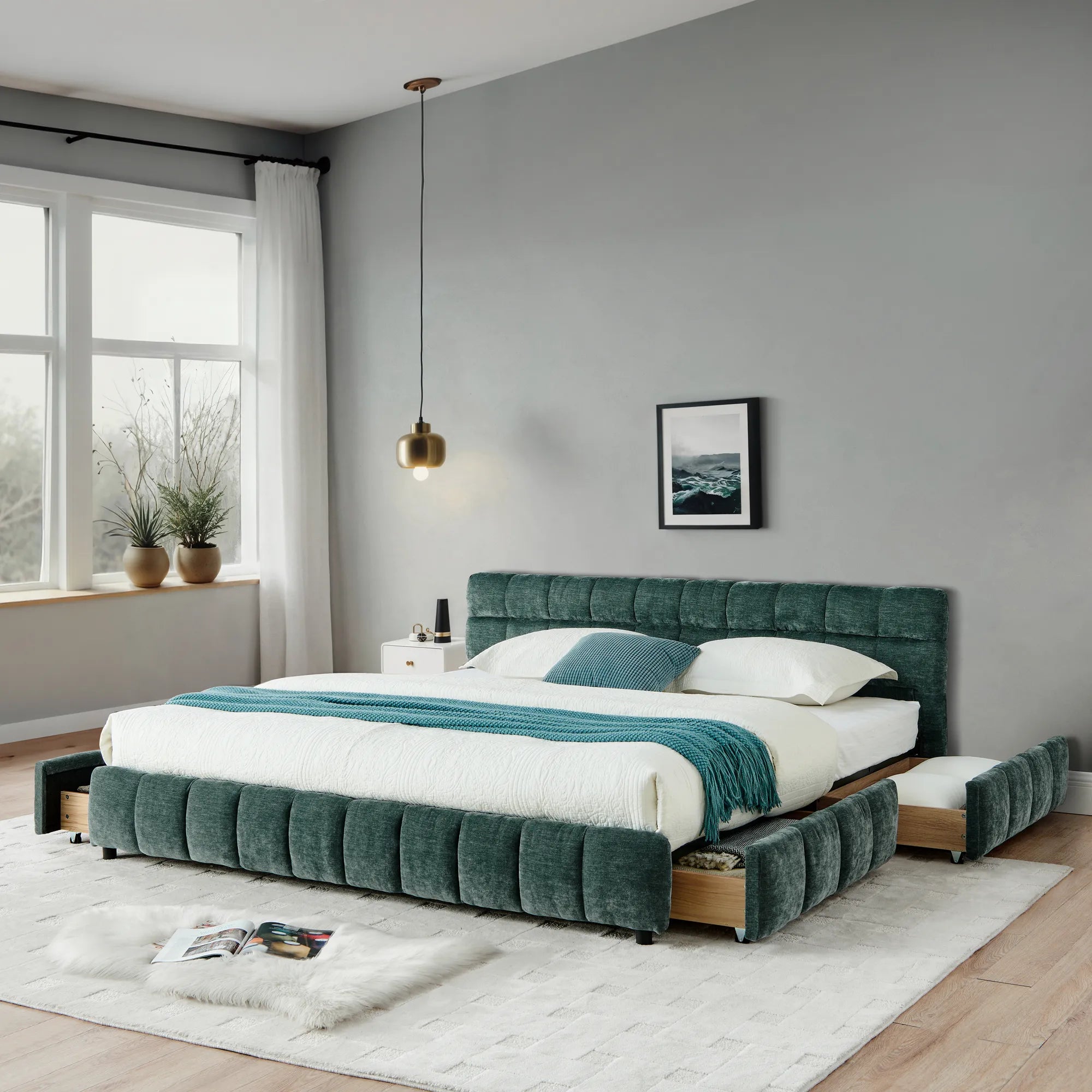 California King Upholstered Bed Frame with Storage Drawer & Headboard