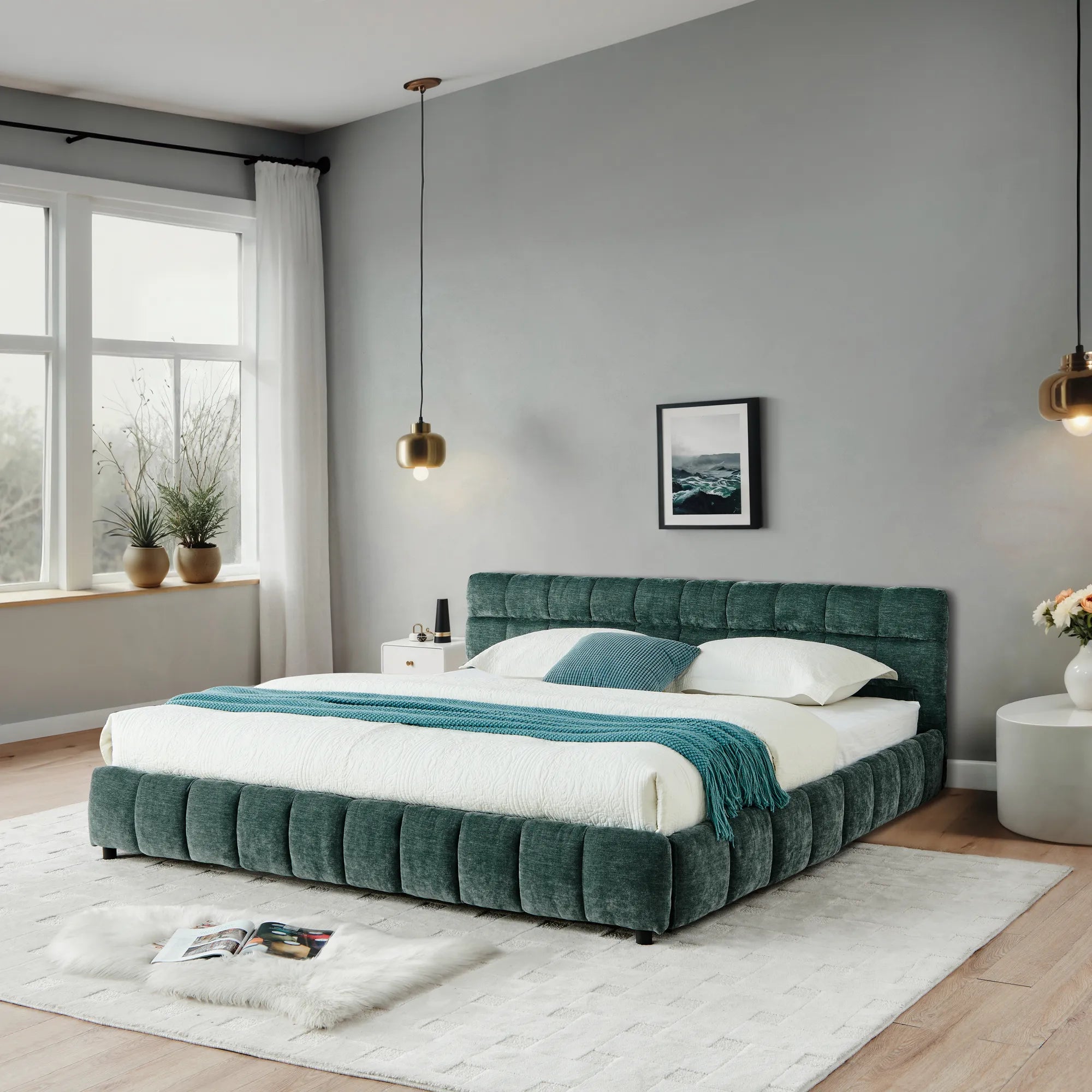 California King Upholstered Bed Frame with Storage Drawer & Headboard