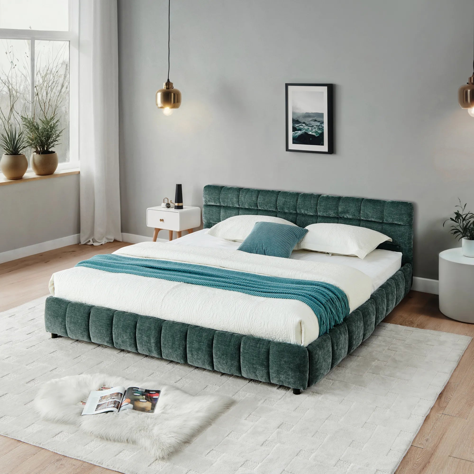 California King Upholstered Bed Frame with Storage Drawer & Headboard