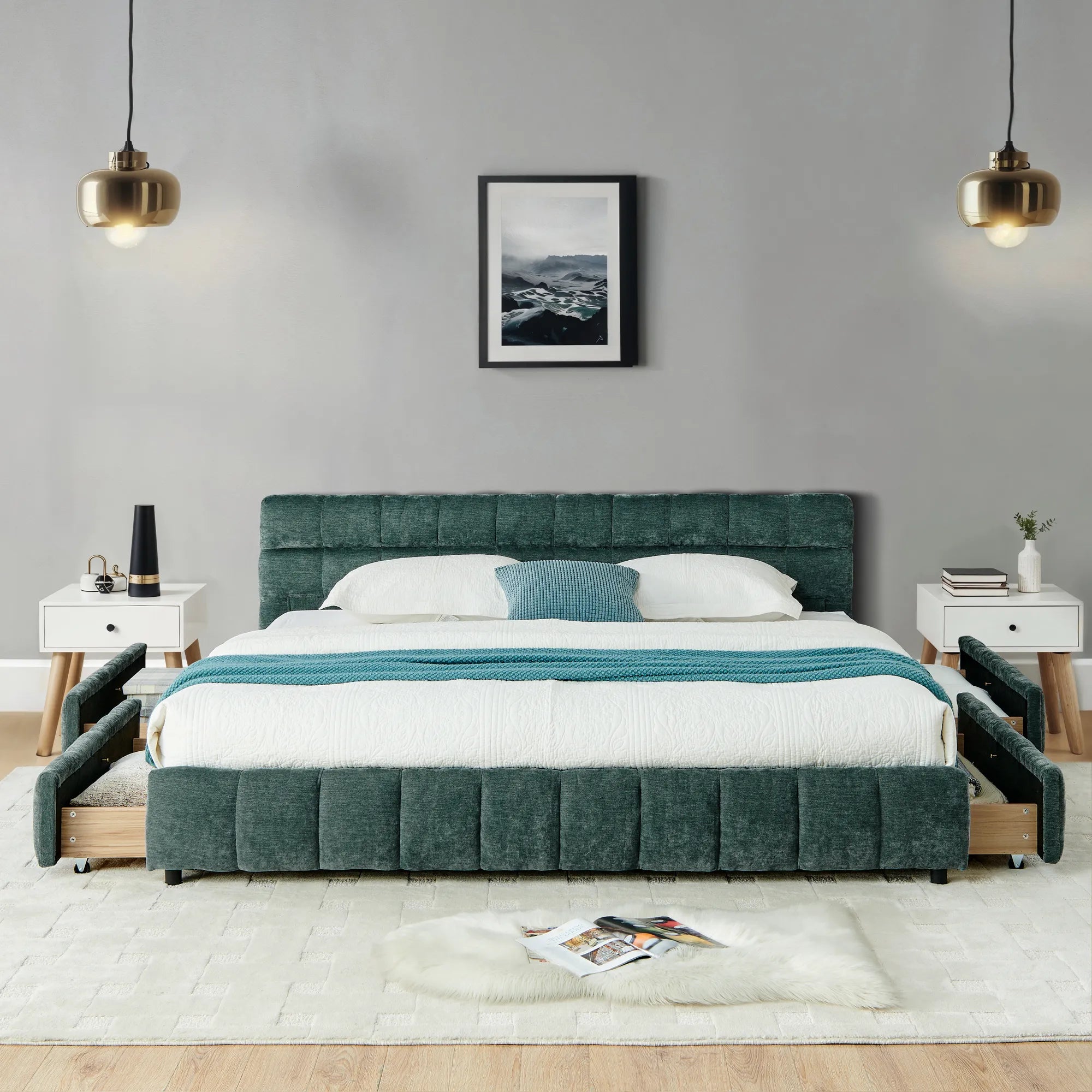 California King Upholstered Bed Frame with Storage Drawer & Headboard