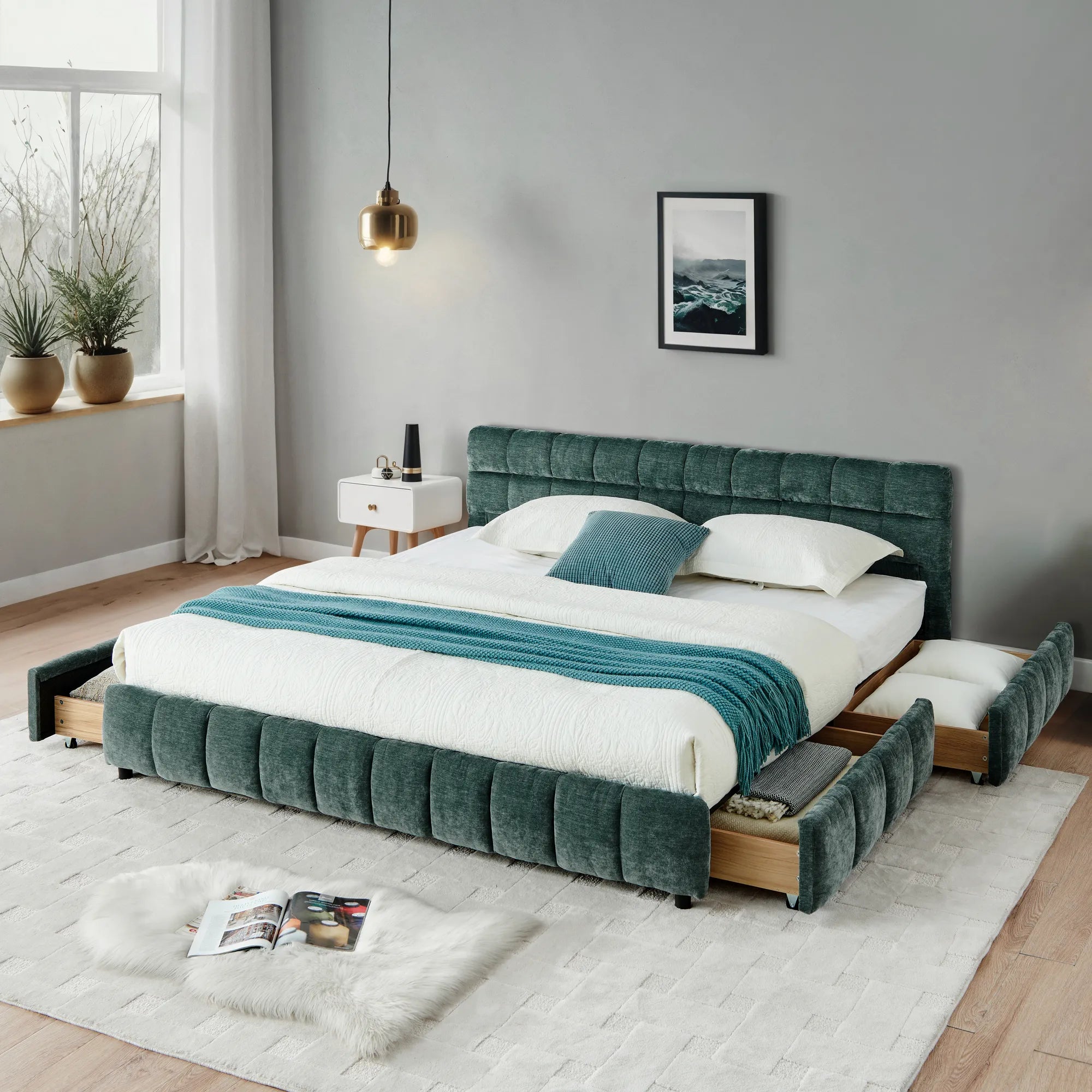 California King Upholstered Bed Frame with Storage Drawer & Headboard