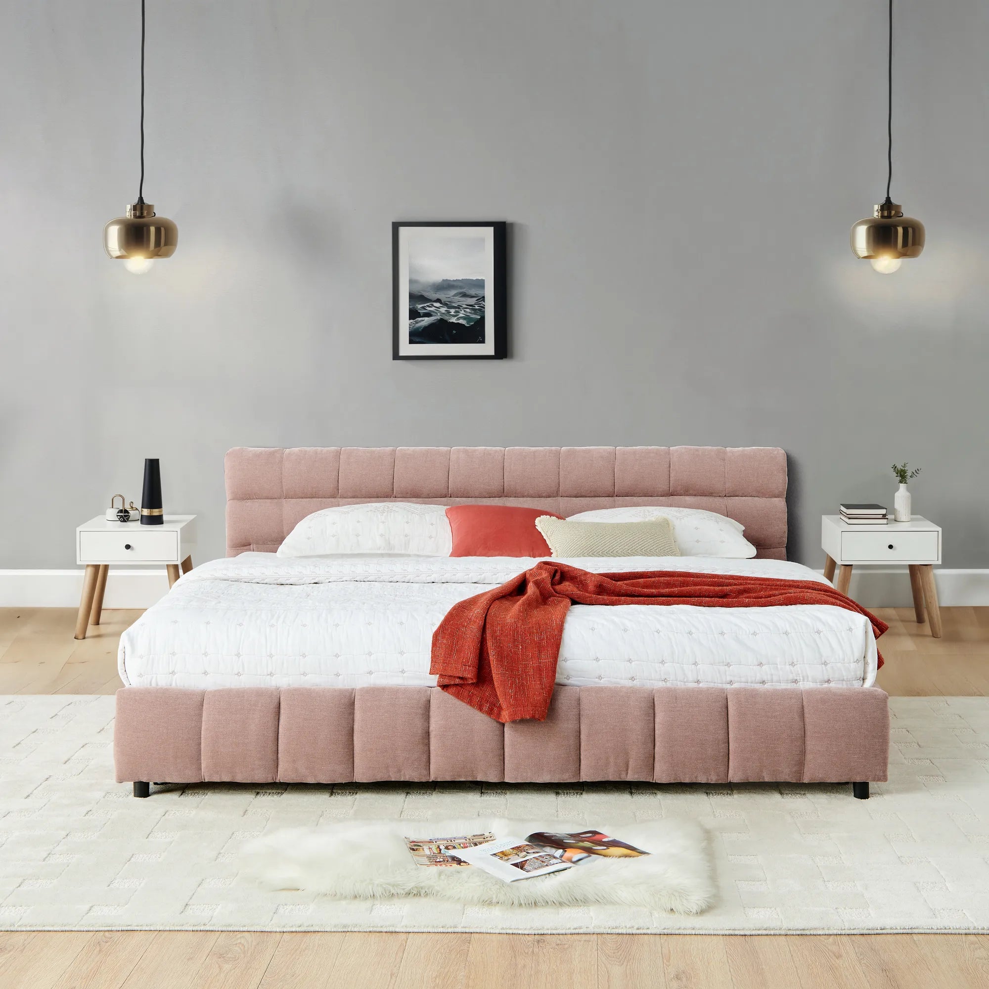 California King Upholstered Bed Frame with Storage Drawer & Headboard