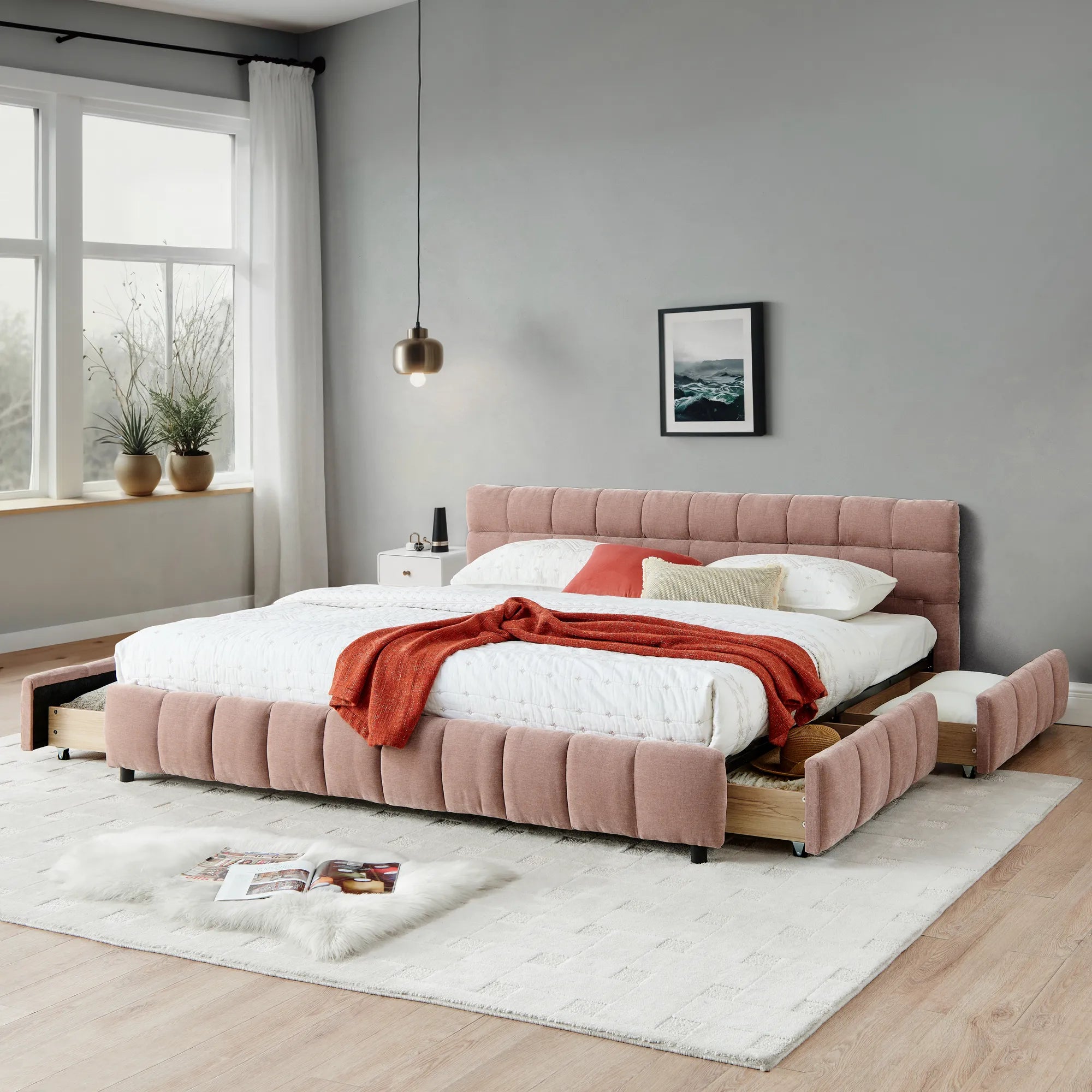 California King Upholstered Bed Frame with Storage Drawer & Headboard