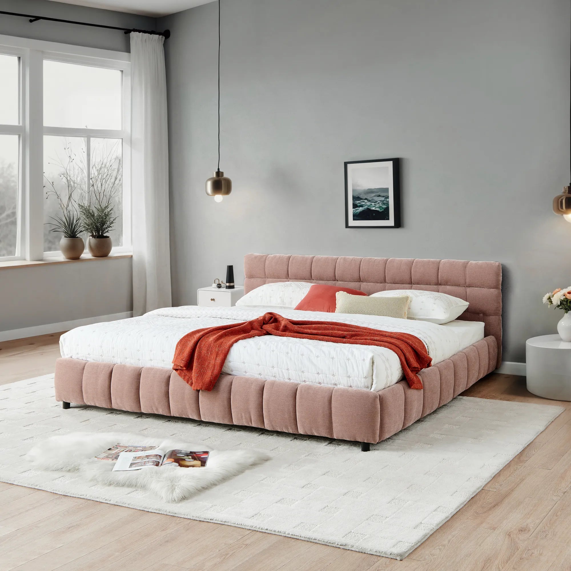 California King Upholstered Bed Frame with Storage Drawer & Headboard