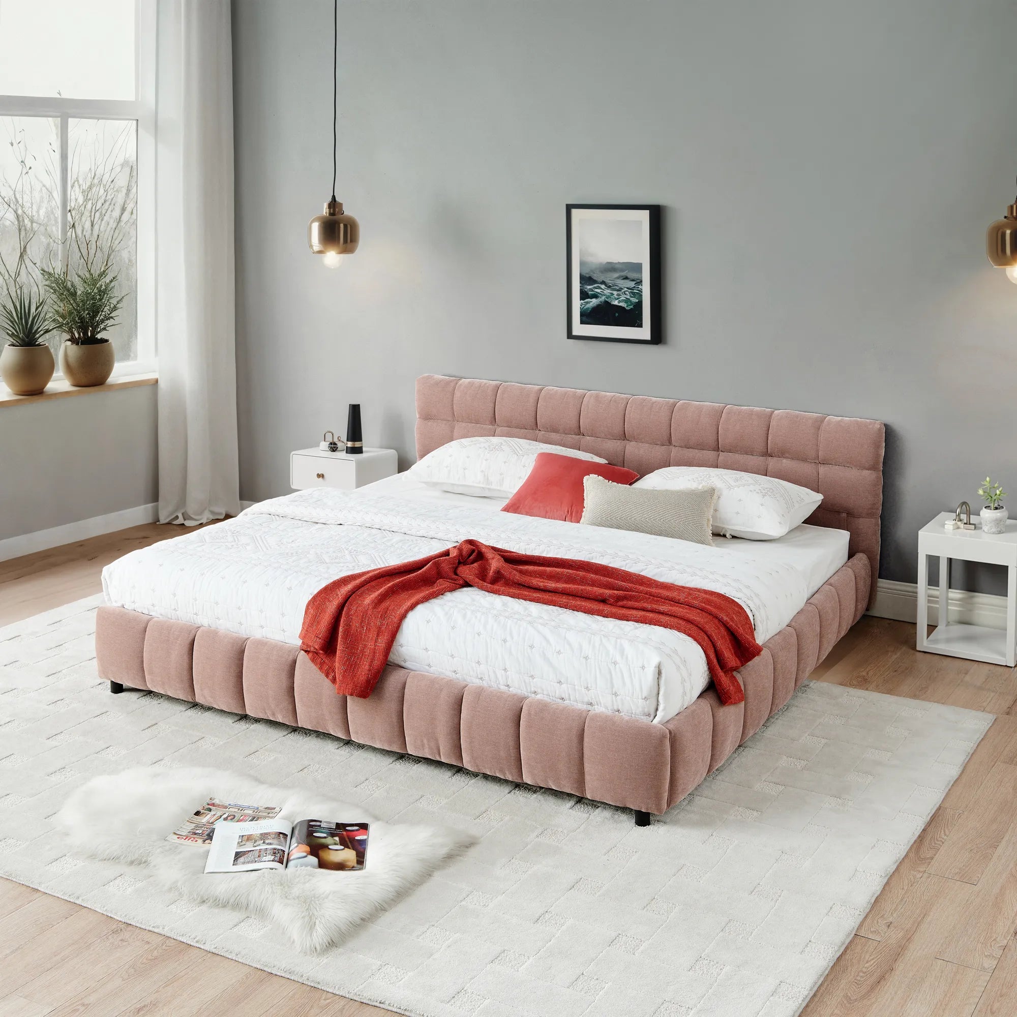 California King Upholstered Bed Frame with Storage Drawer & Headboard