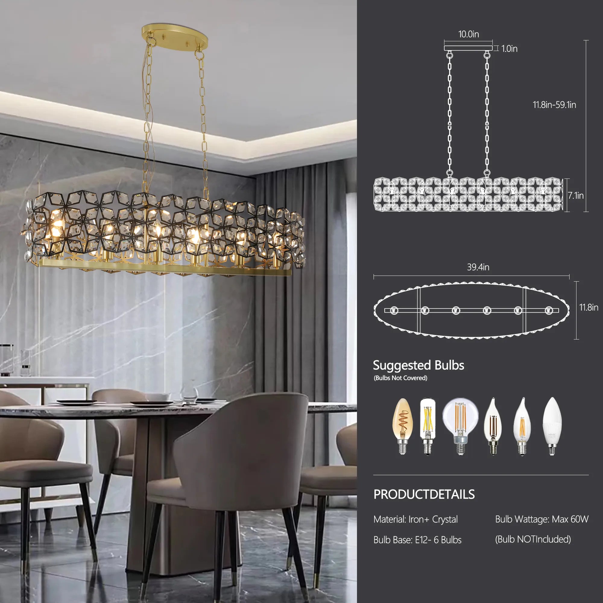 39" Champagne Gold Oval Crystal Modern Chandelier Light