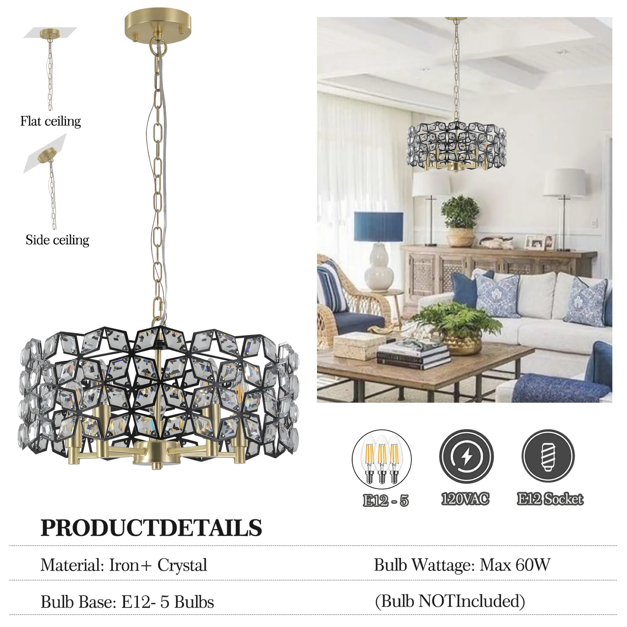 19" Champagne Gold Round Crystal Modern Chandelier Light