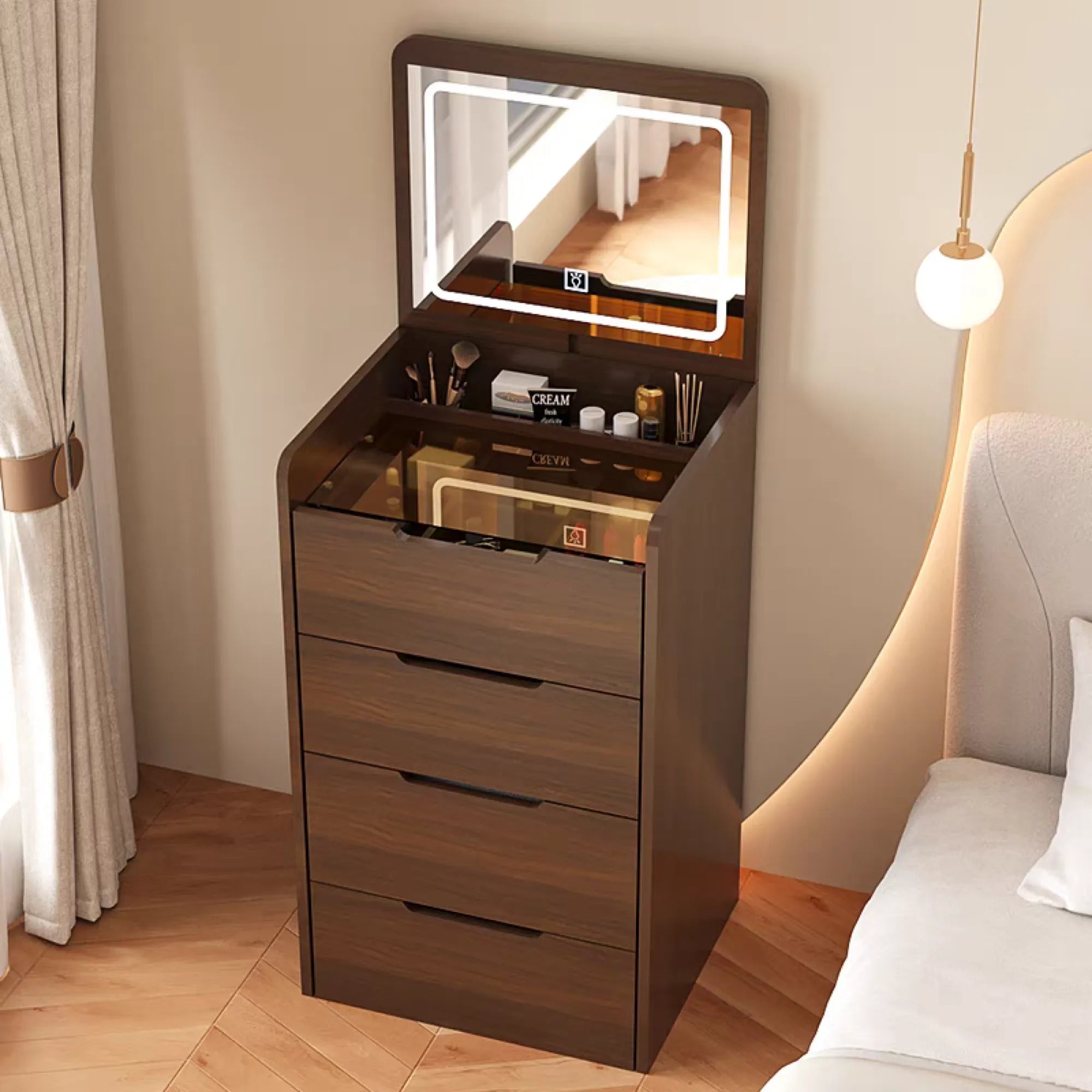 Compact Makeup Vanity Set with Flip Top Mirror & Glass Desktop