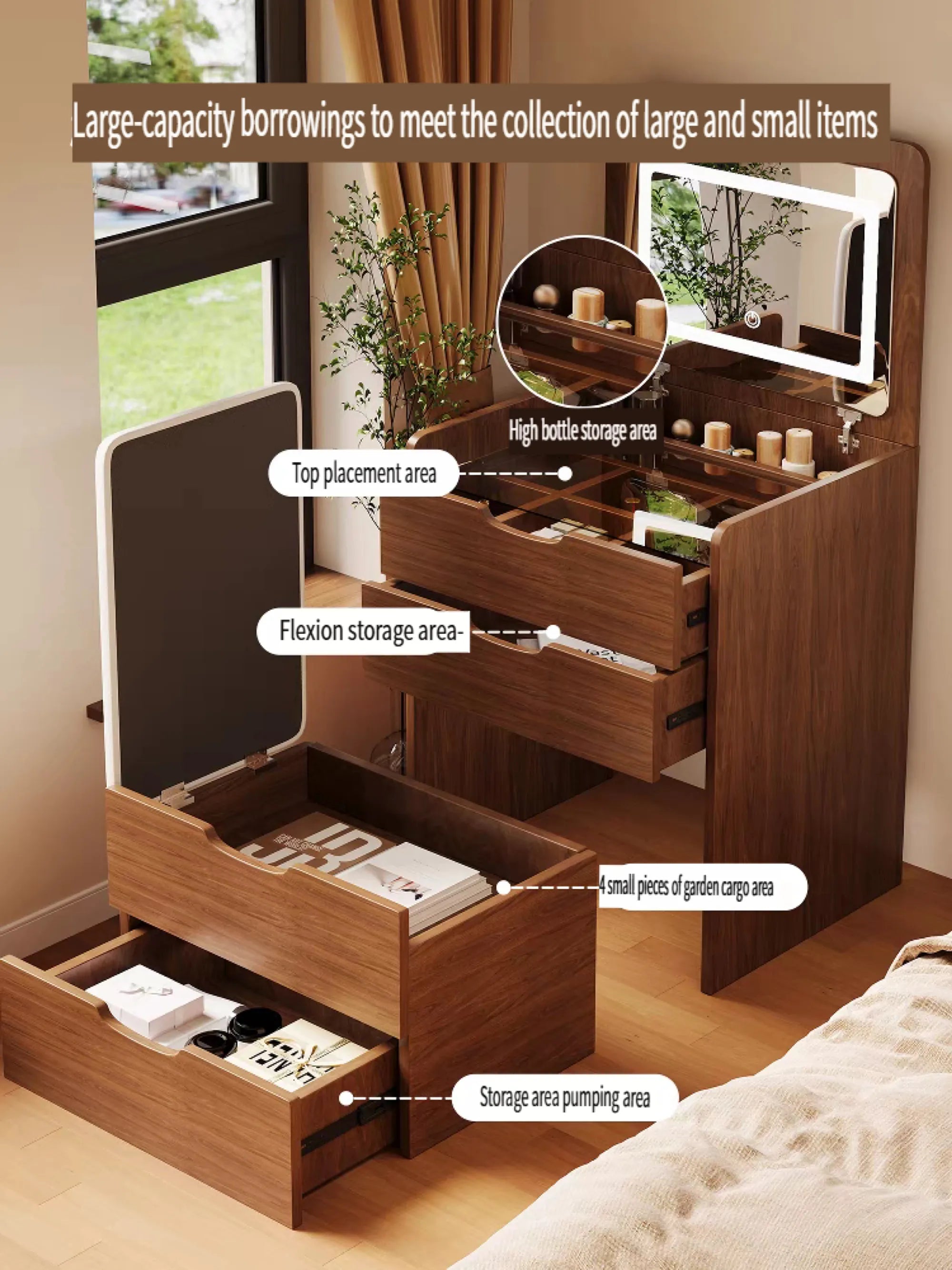 Compact Makeup Vanity Set with Flip Top Mirror & Glass Desktop