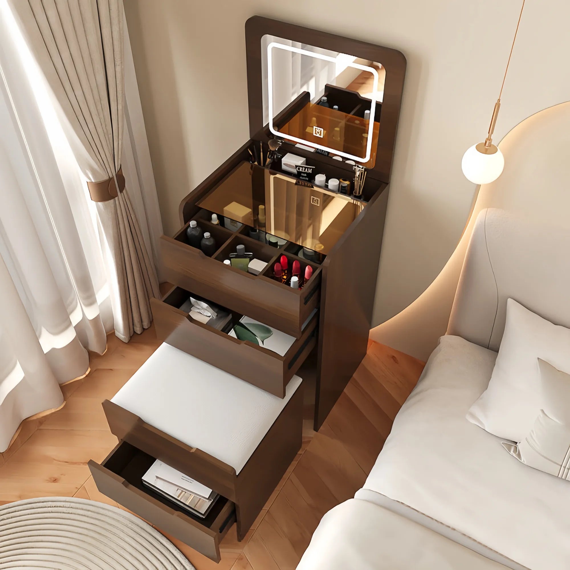 Compact Makeup Vanity Set with Flip Top Mirror & Glass Desktop