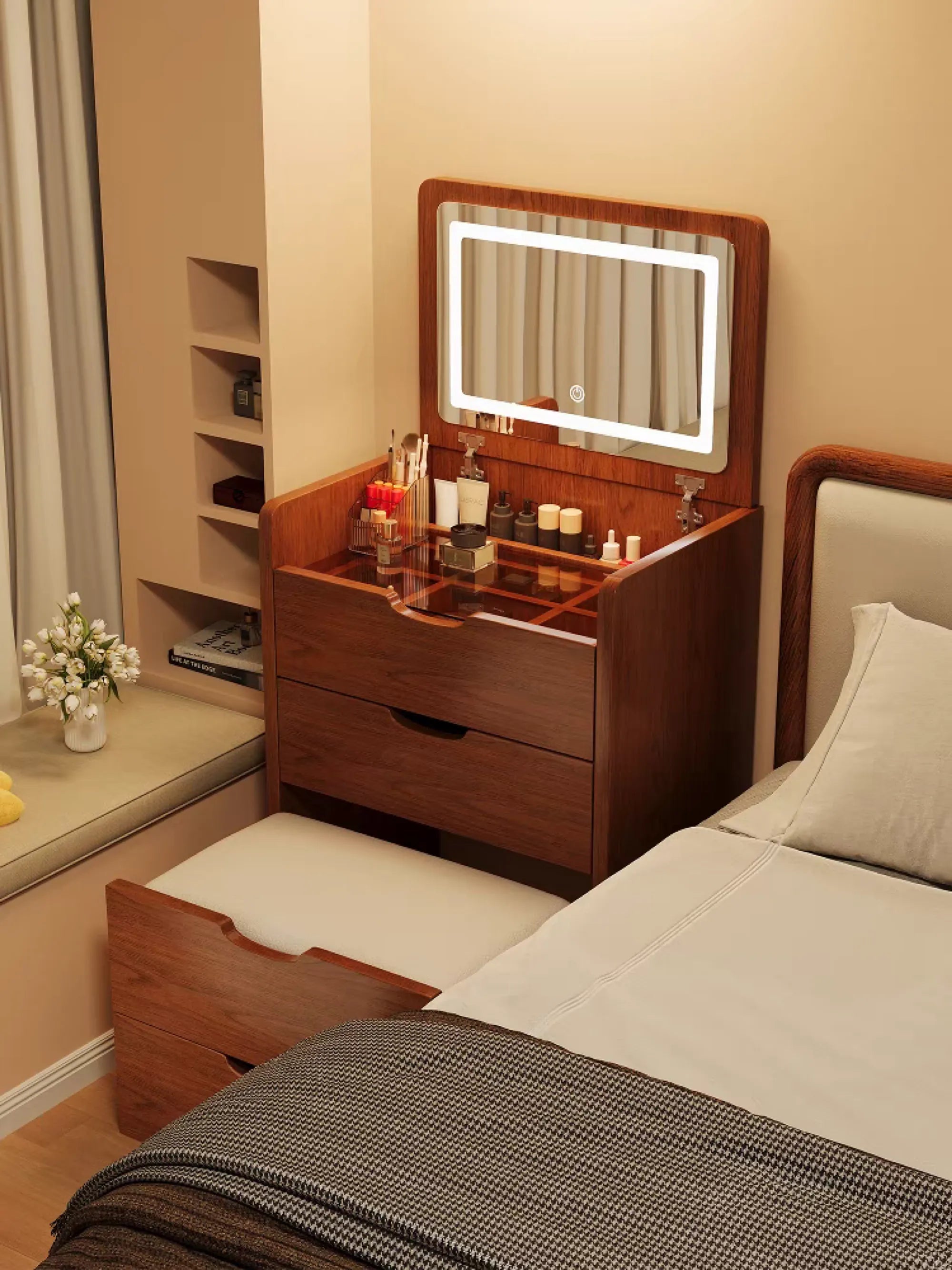 Compact Makeup Vanity Set with Flip Top Mirror & Glass Desktop